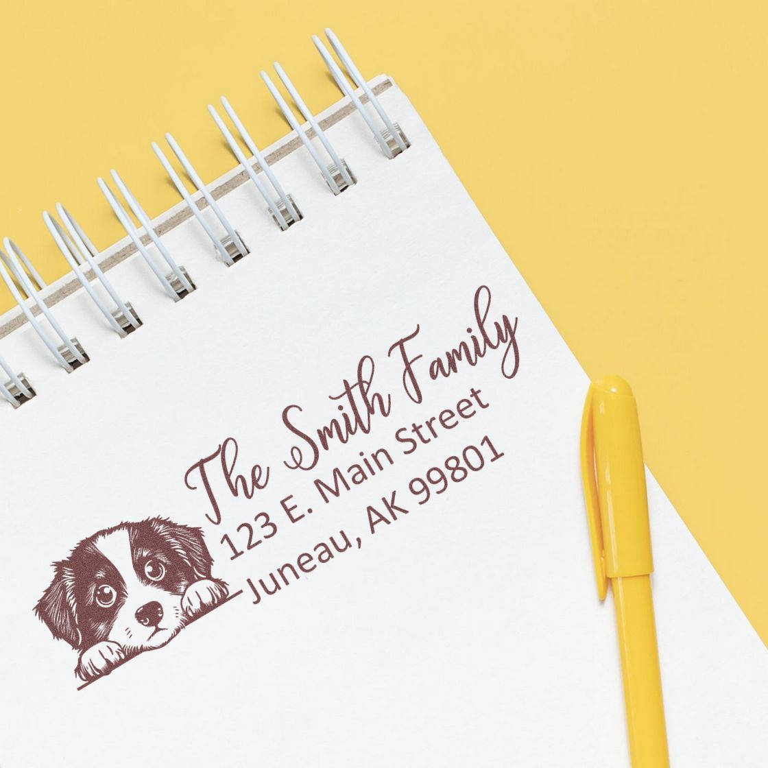 Personalized dog return address rubber stamp for The Smith Family with name and mailing address.