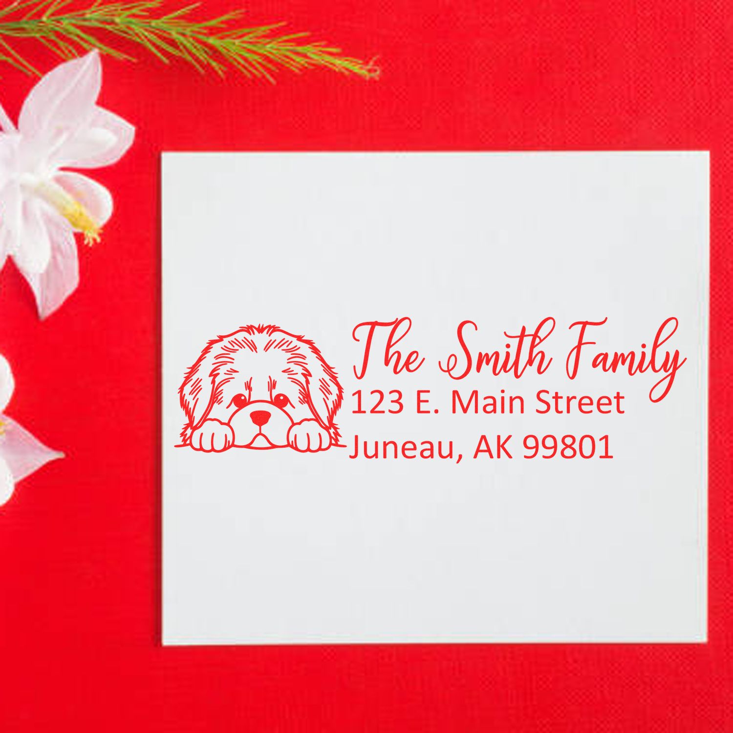 Personalized dog return address rubber stamp with The Smith Family and Juneau, AK mailing address for envelopes and cards