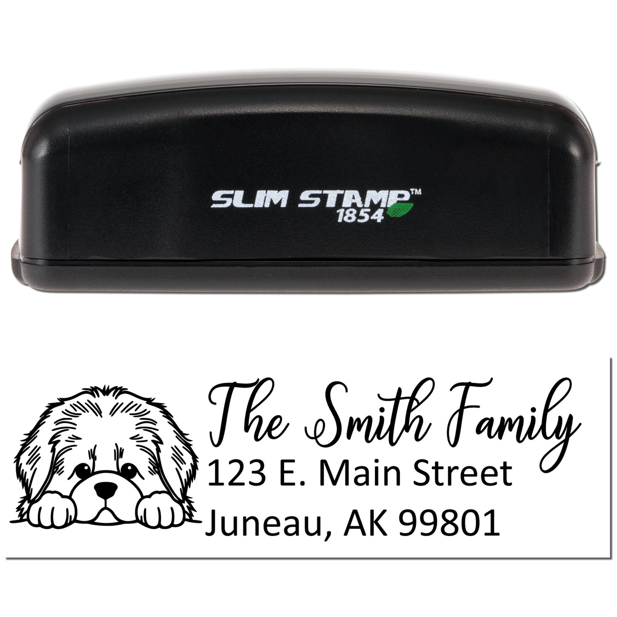 Custom Slim Stamp 1854 rubber address stamp with dog illustration, personalized for The Smith Family, 123 E. Main Street, Juneau, AK 99801