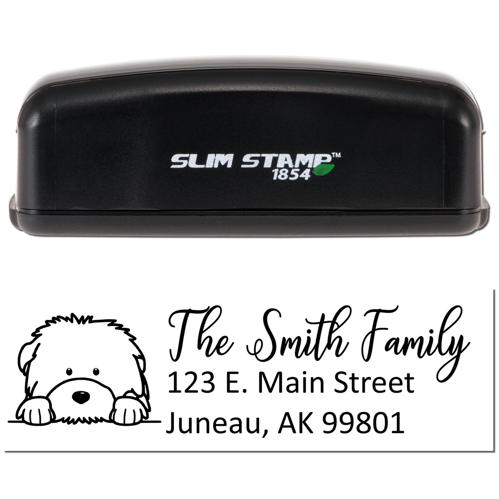 Custom self-inking rubber address stamp with dog icon, family name, and mailing address for personalized envelopes.