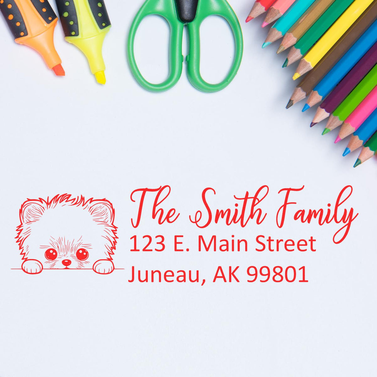 Custom rubber address stamp with puppy icon, ideal for personalized return address labels, cards, and mailings.