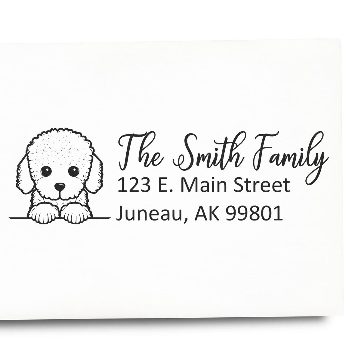 Personalized dog return address rubber stamp with custom family name and mailing address for envelopes and stationery.