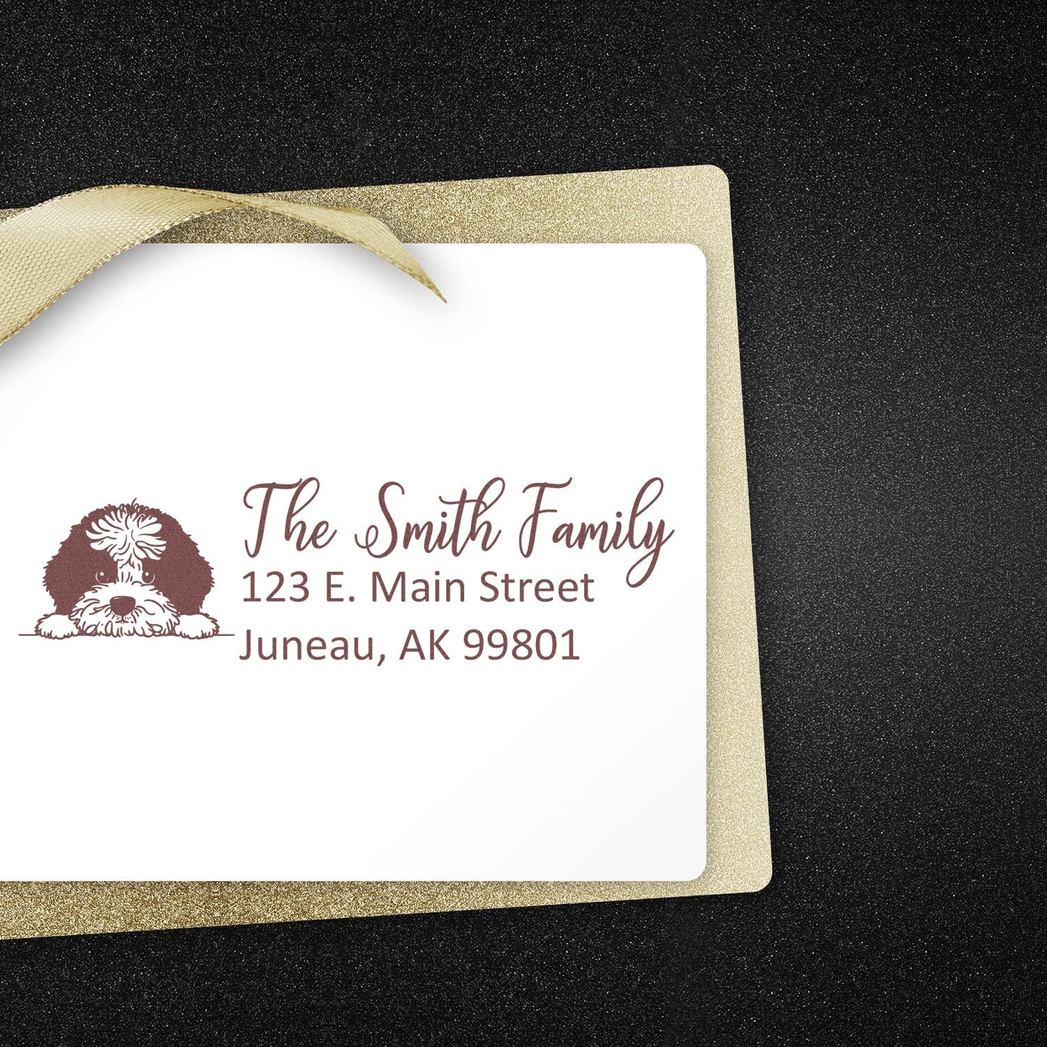 Custom return address rubber stamp with dog illustration for The Smith Family, perfect for personalized wedding or holiday envelopes.