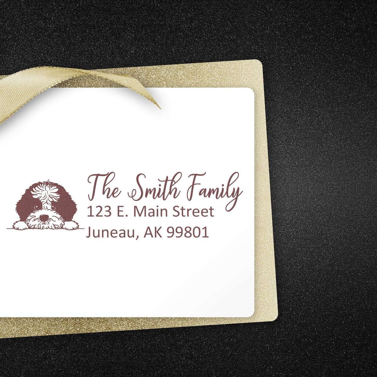 Custom return address rubber stamp with dog illustration, The Smith Family, 123 E. Main Street, Juneau, AK 99801