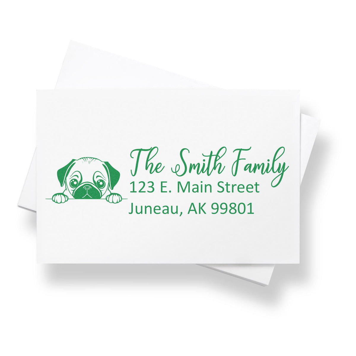 Personalized return address rubber stamp with pug puppy design for The Smith Family, Juneau, AK mailing labels