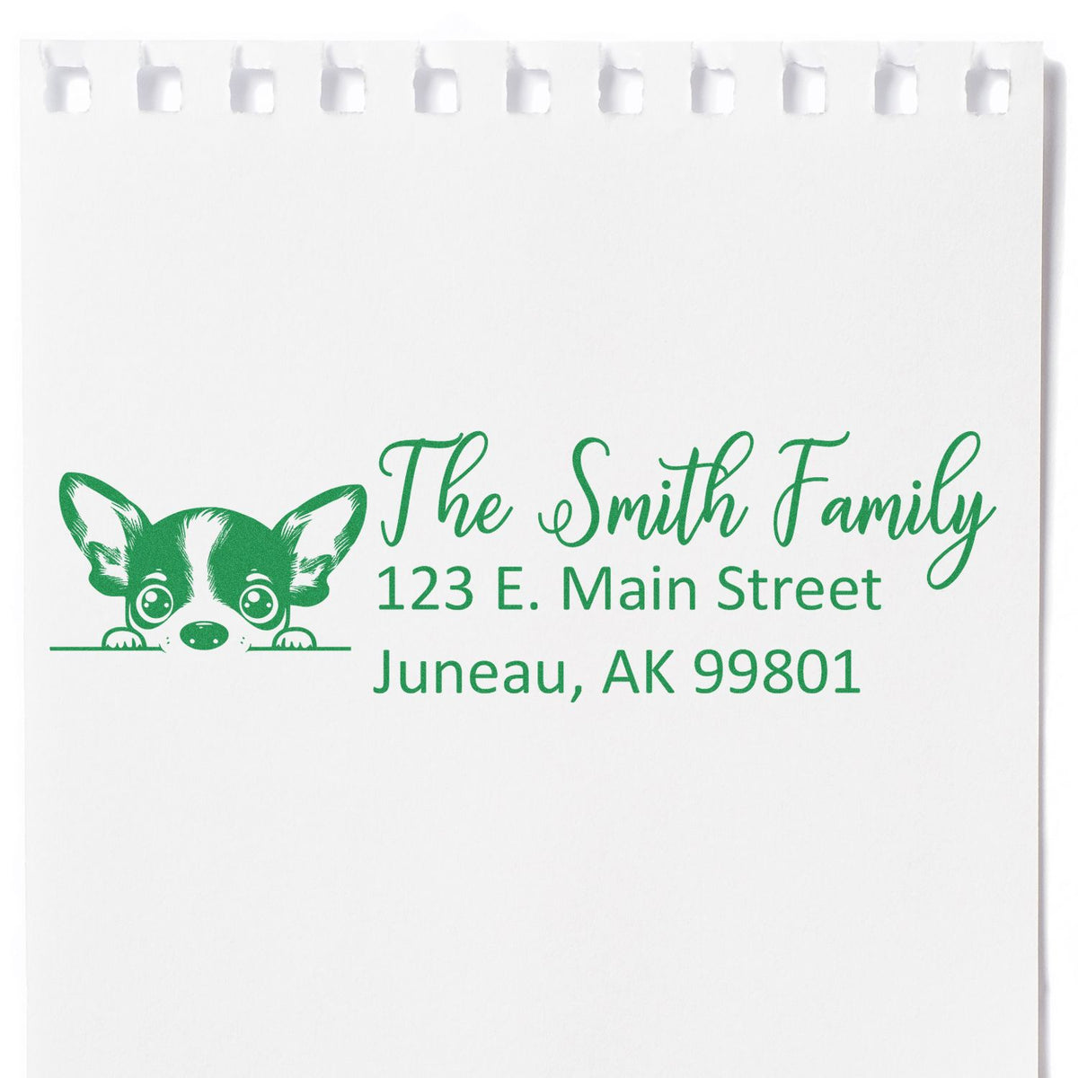 Custom address rubber stamp with dog peeking design, The Smith Family, 123 E. Main Street, Juneau, AK 99801.