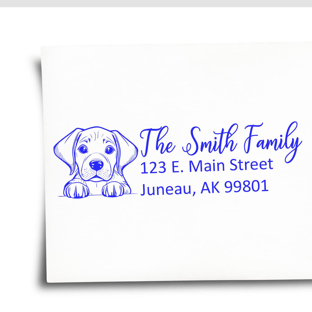 Custom dog address rubber stamp for the Smith family, featuring name and Juneau, AK mailing address.
