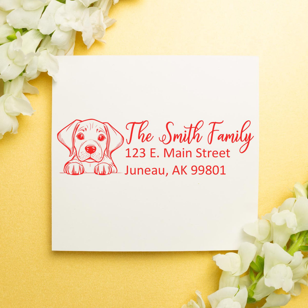 Personalized dog return address rubber stamp for The Smith Family, 123 E. Main Street, Juneau, AK 99801