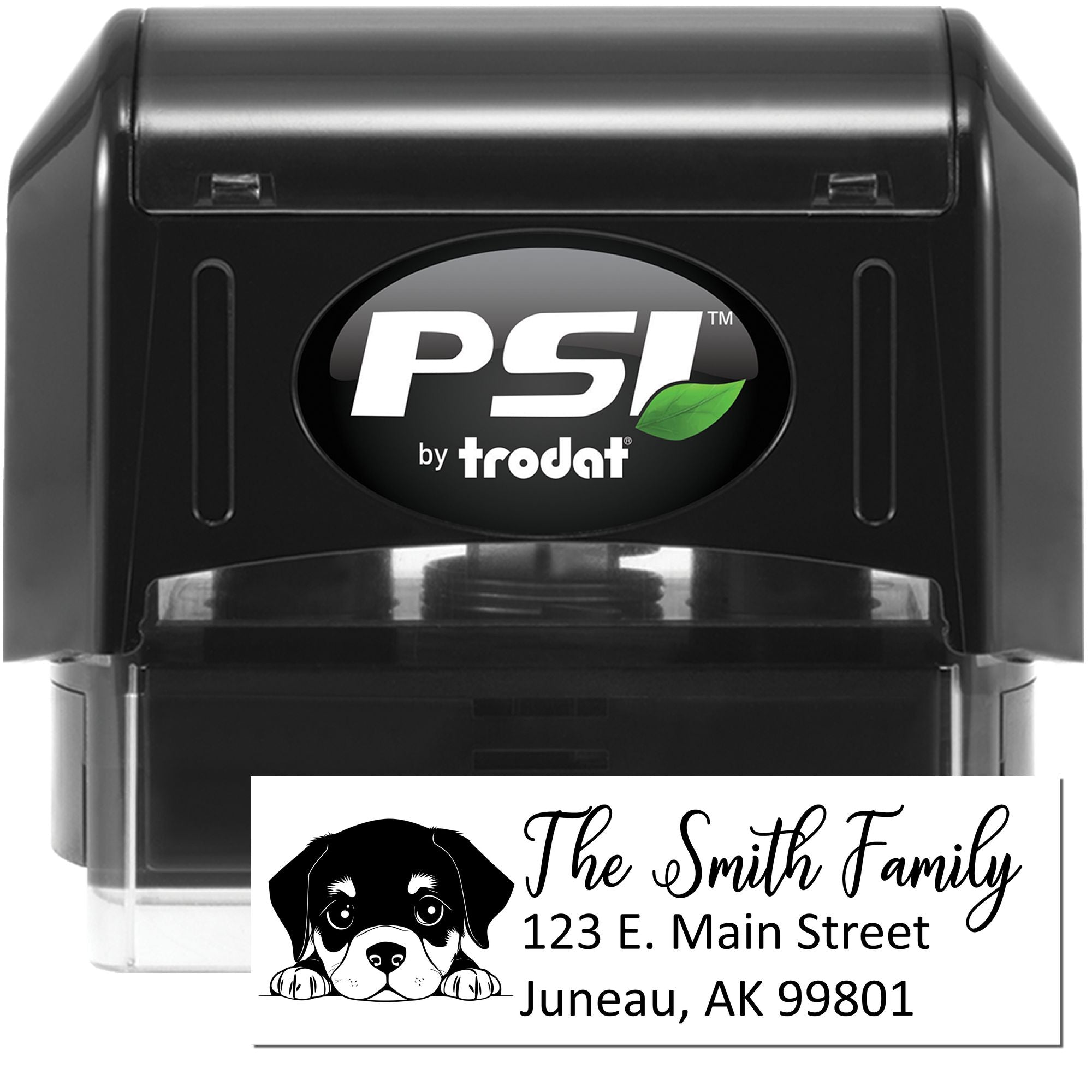 PSI by Trodat self-inking rubber stamp with custom return address and dog design for personalized mailing.