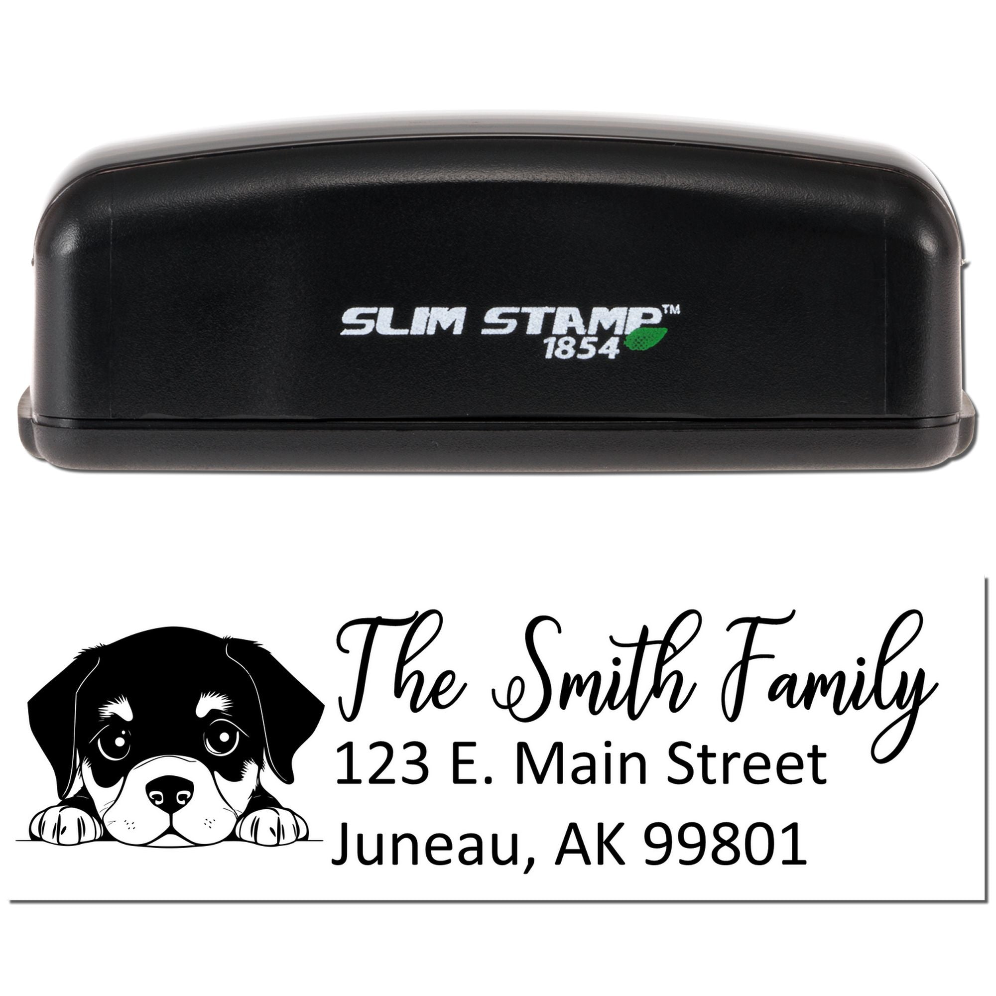 Custom Slim Stamp 1854 self-inking rubber stamp with dog return address design for The Smith Family, Juneau, AK.