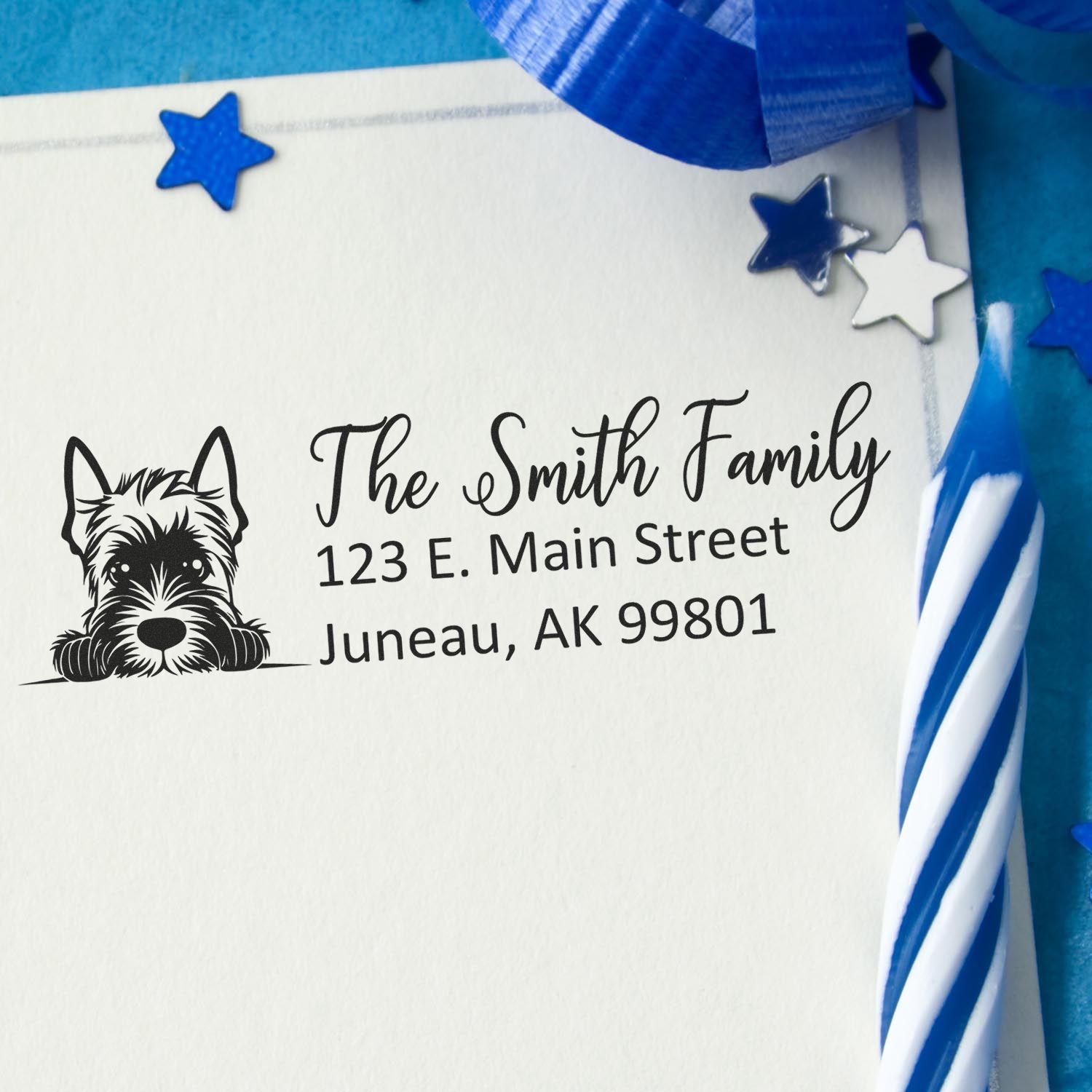 Custom return address rubber stamp with dog illustration, personalized Smith family mailing address for envelopes.