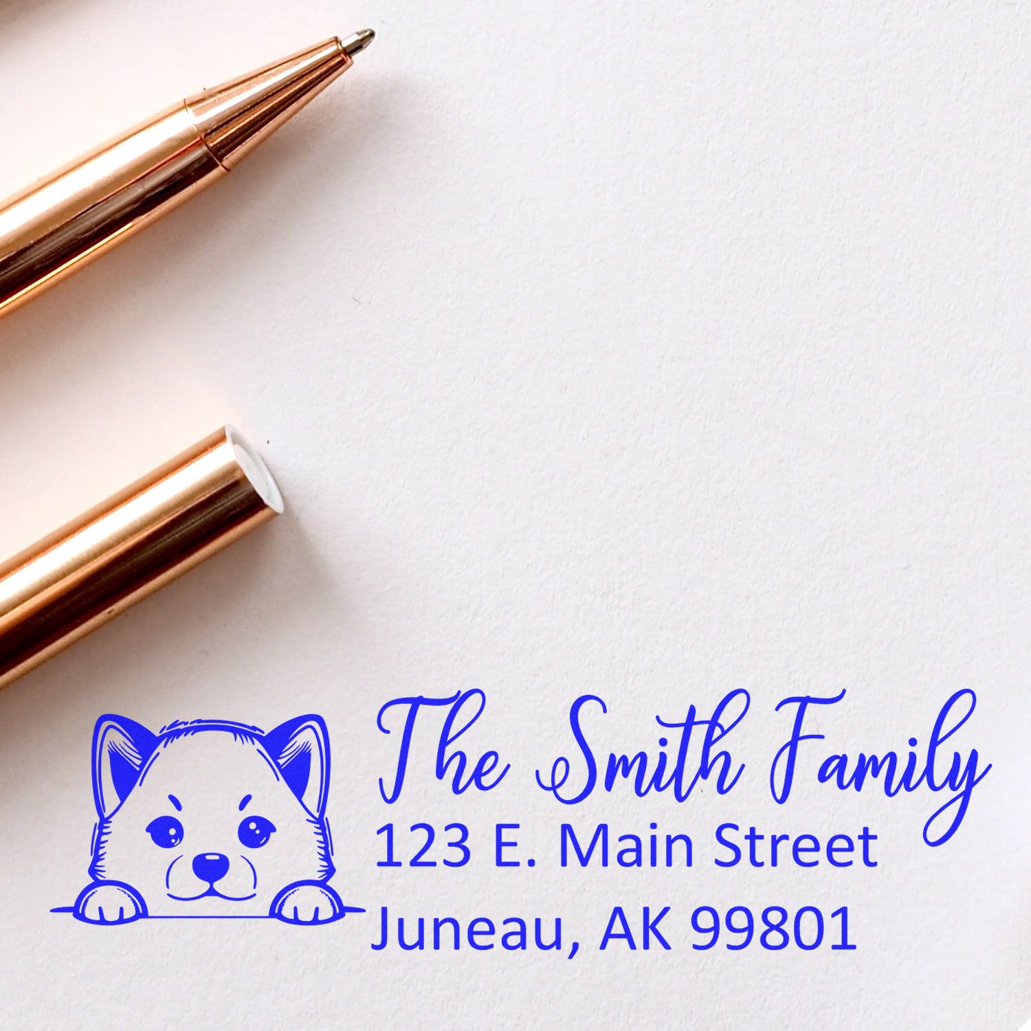 Custom dog return address rubber stamp with family name and address for envelopes, cards, and mailings