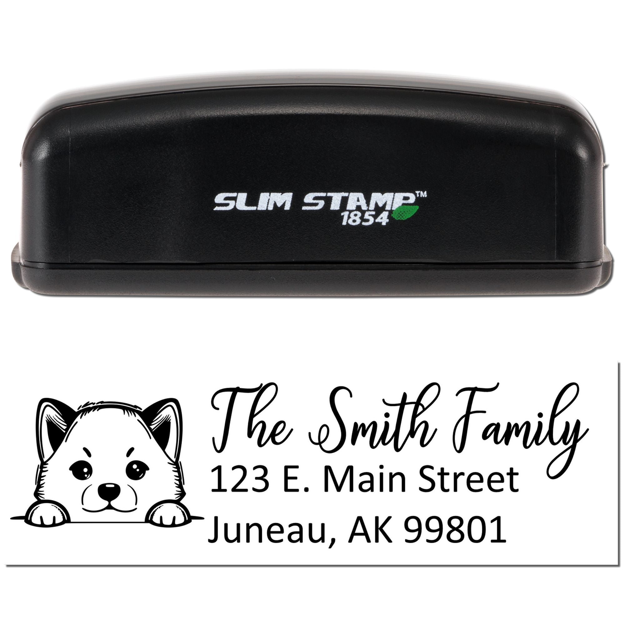 Custom address rubber stamp with dog design, featuring The Smith Family and Juneau, AK imprint on Slim Stamp 1854.