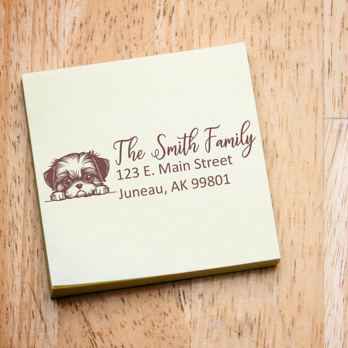 Personalized dog address rubber stamp with family name and return address for envelopes and mail.