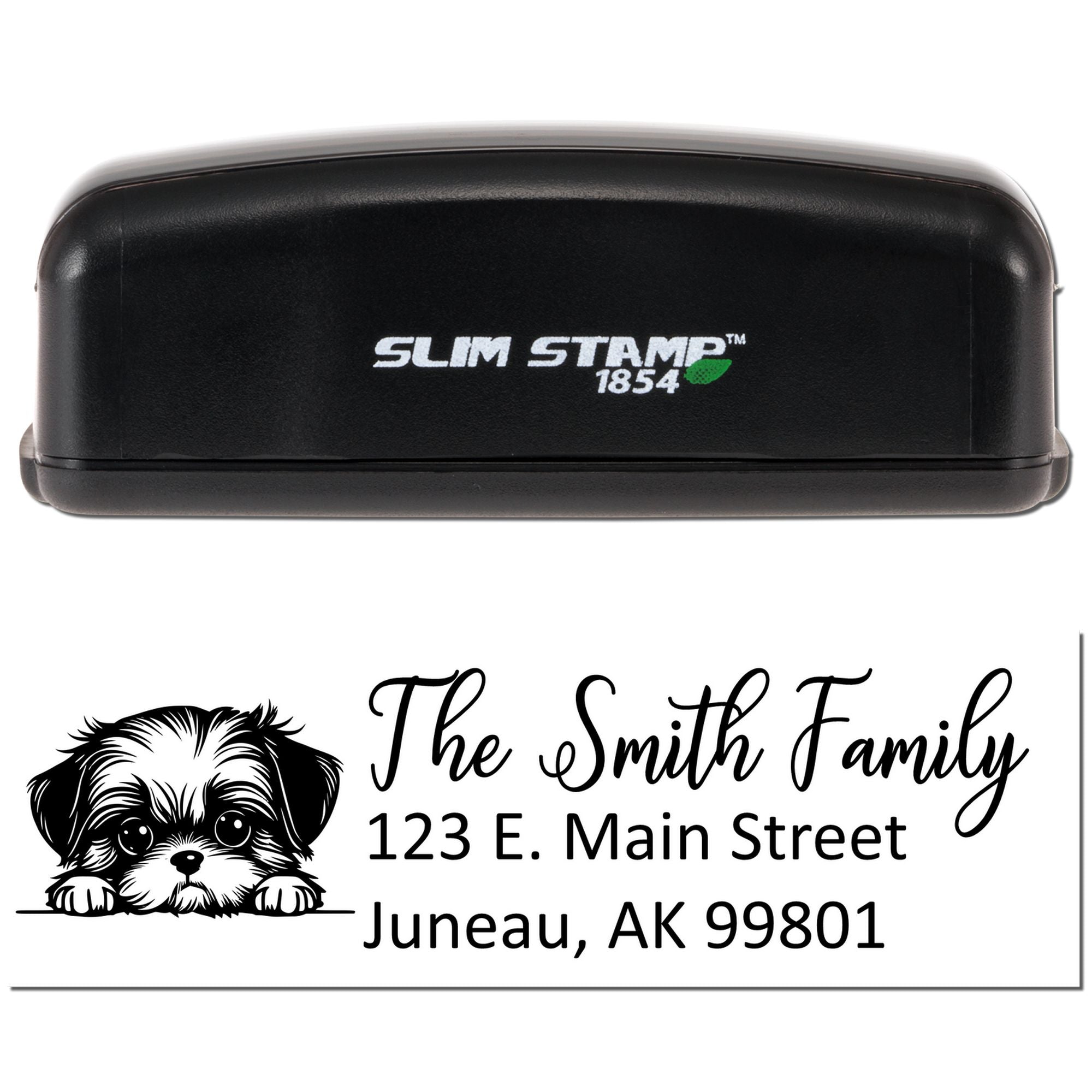 Slim Stamp 1854 custom self-inking rubber stamp with dog art and family return address for mailing labels.