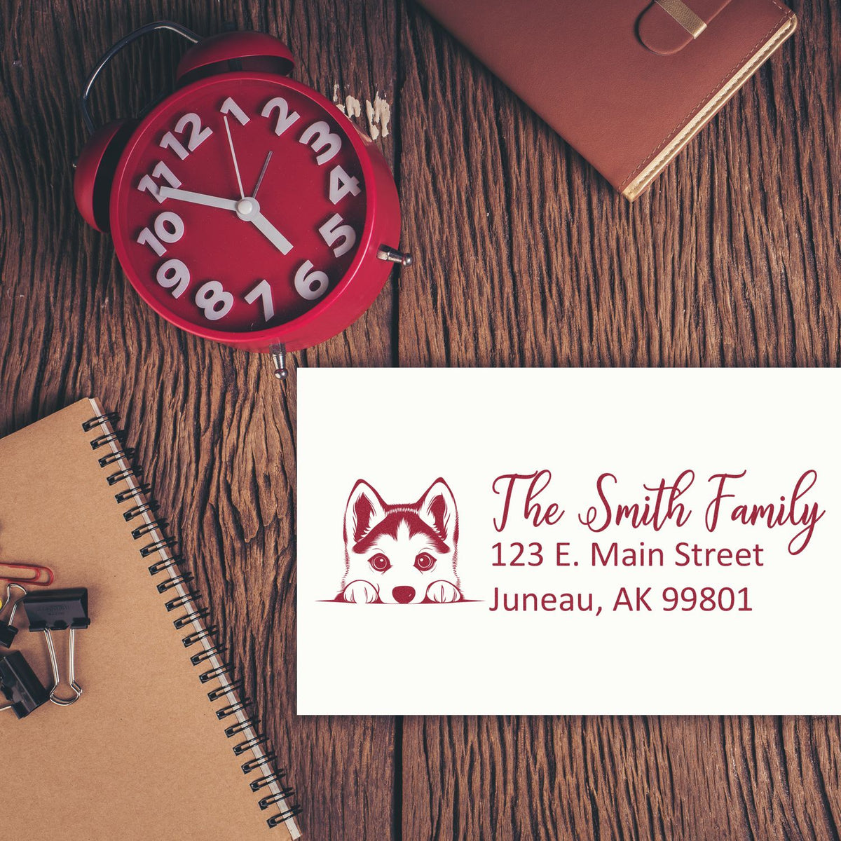 Custom return address rubber stamp with husky design for personalized family mail and envelopes