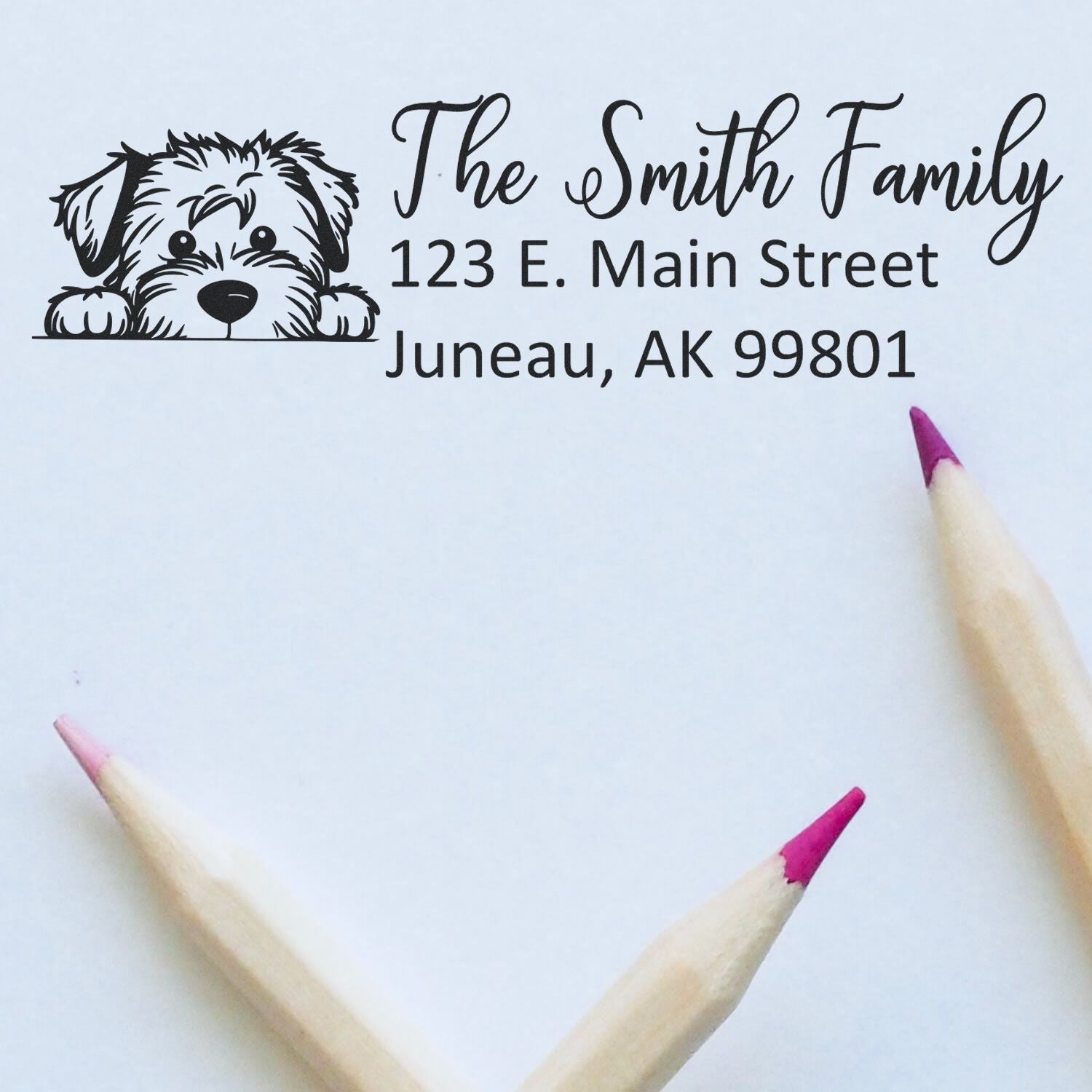 Personalized dog address rubber stamp for The Smith Family, featuring return address in Juneau, AK.
