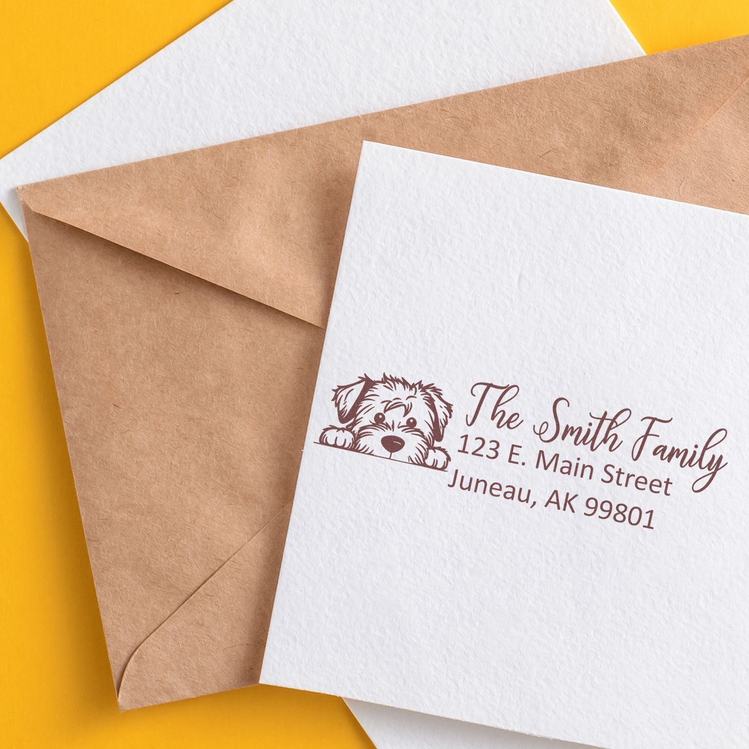 Personalized return address rubber stamp with dog art on envelope for family mailing
