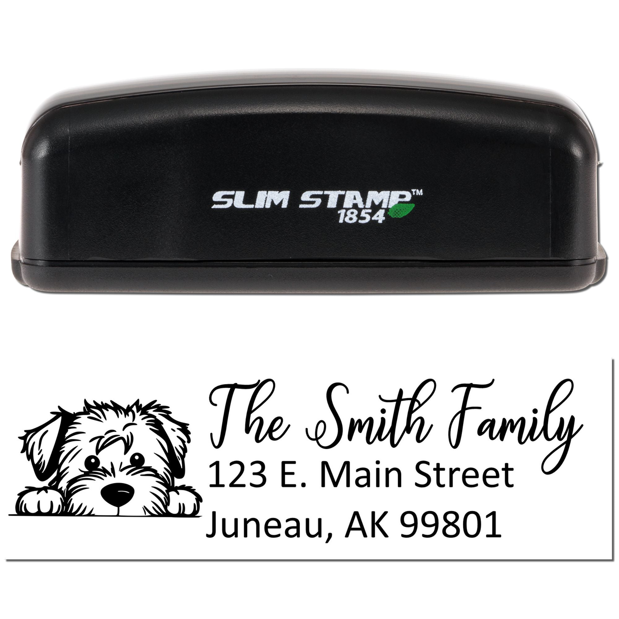 Custom self-inking rubber stamp with dog design and return address for family mail and envelopes.