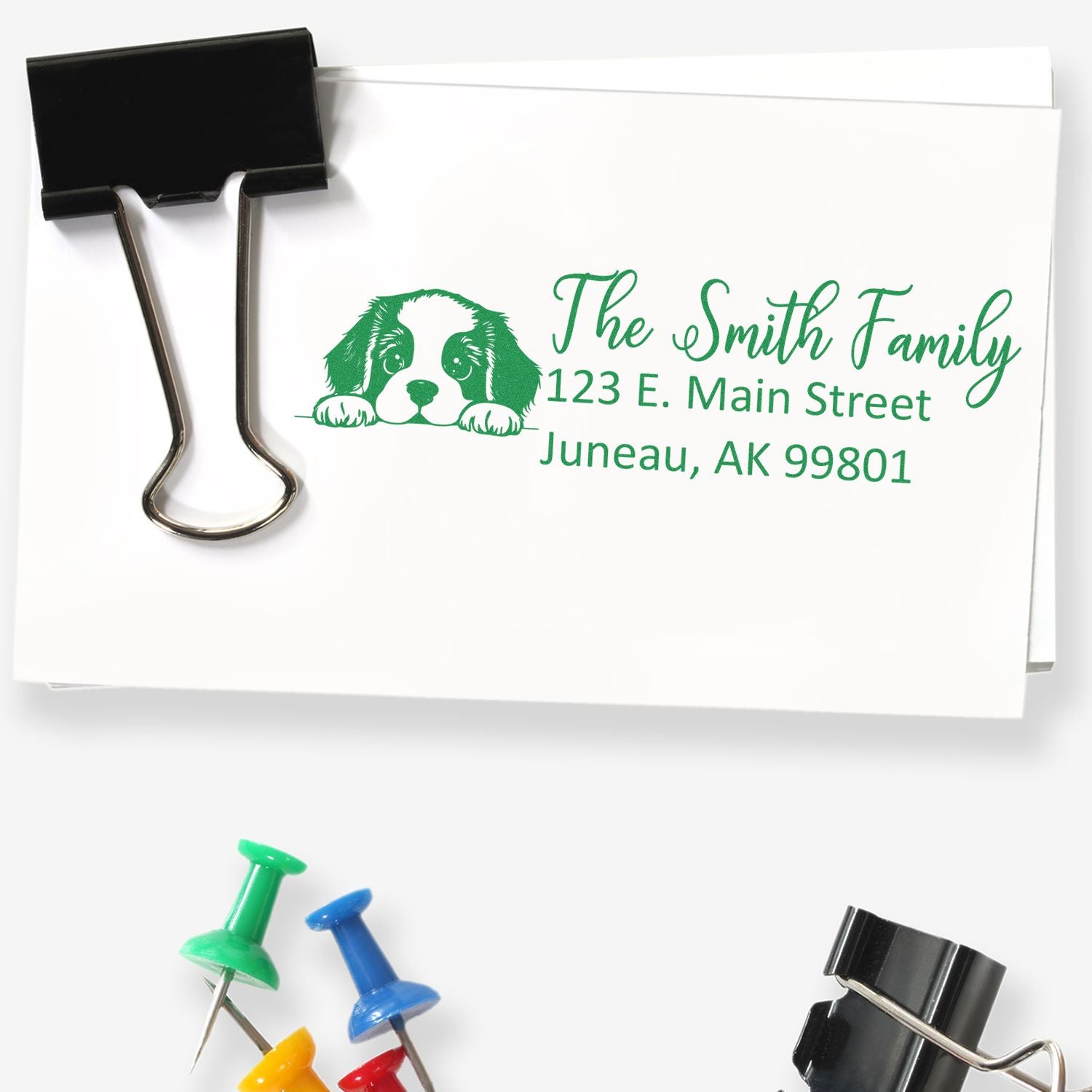 Custom rubber address stamp with dog graphic for The Smith Family, personalized mailing stamp with Juneau, AK address.