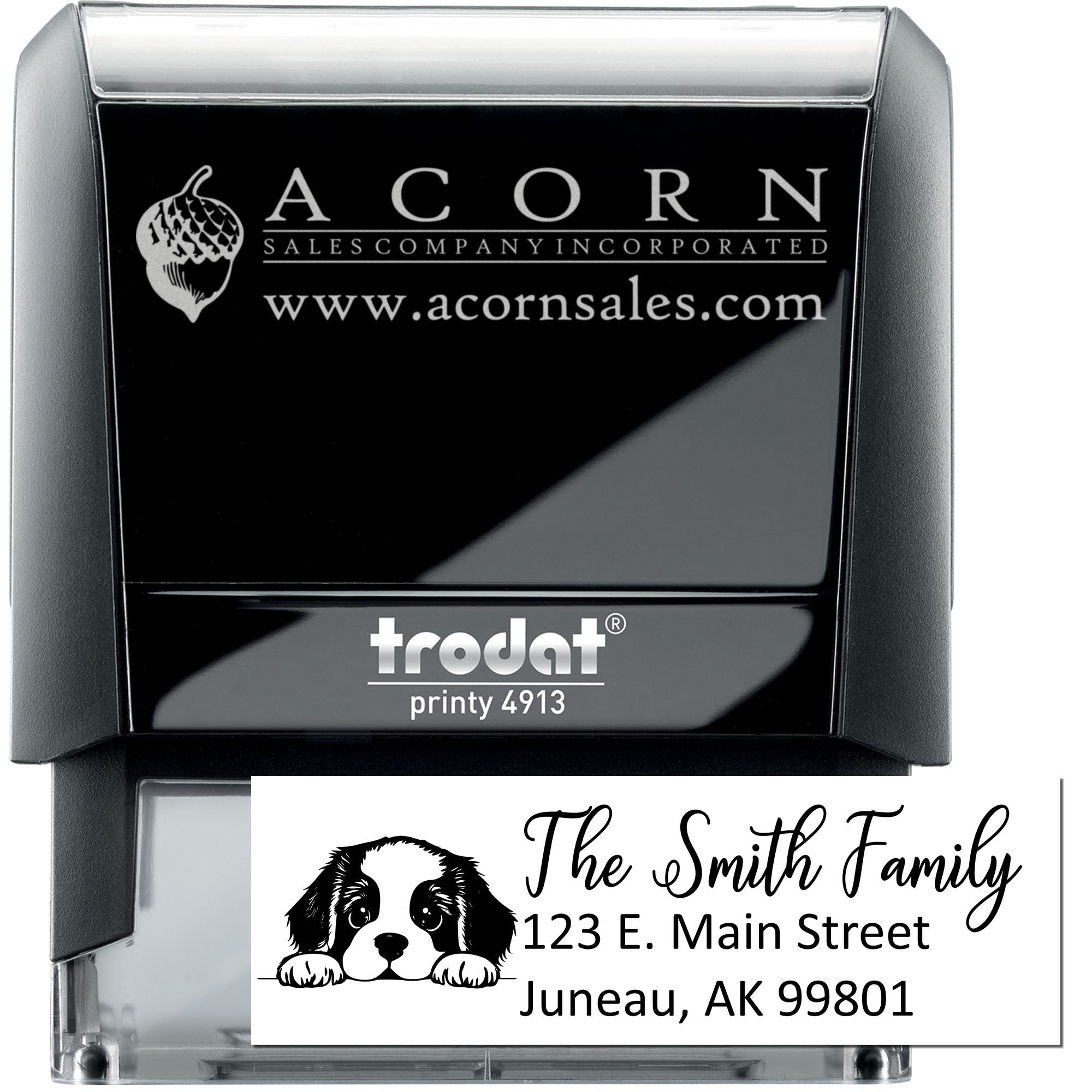 Custom self-inking rubber stamp for business logos and return addresses, featuring Trodat Printy 4913 sample designs.