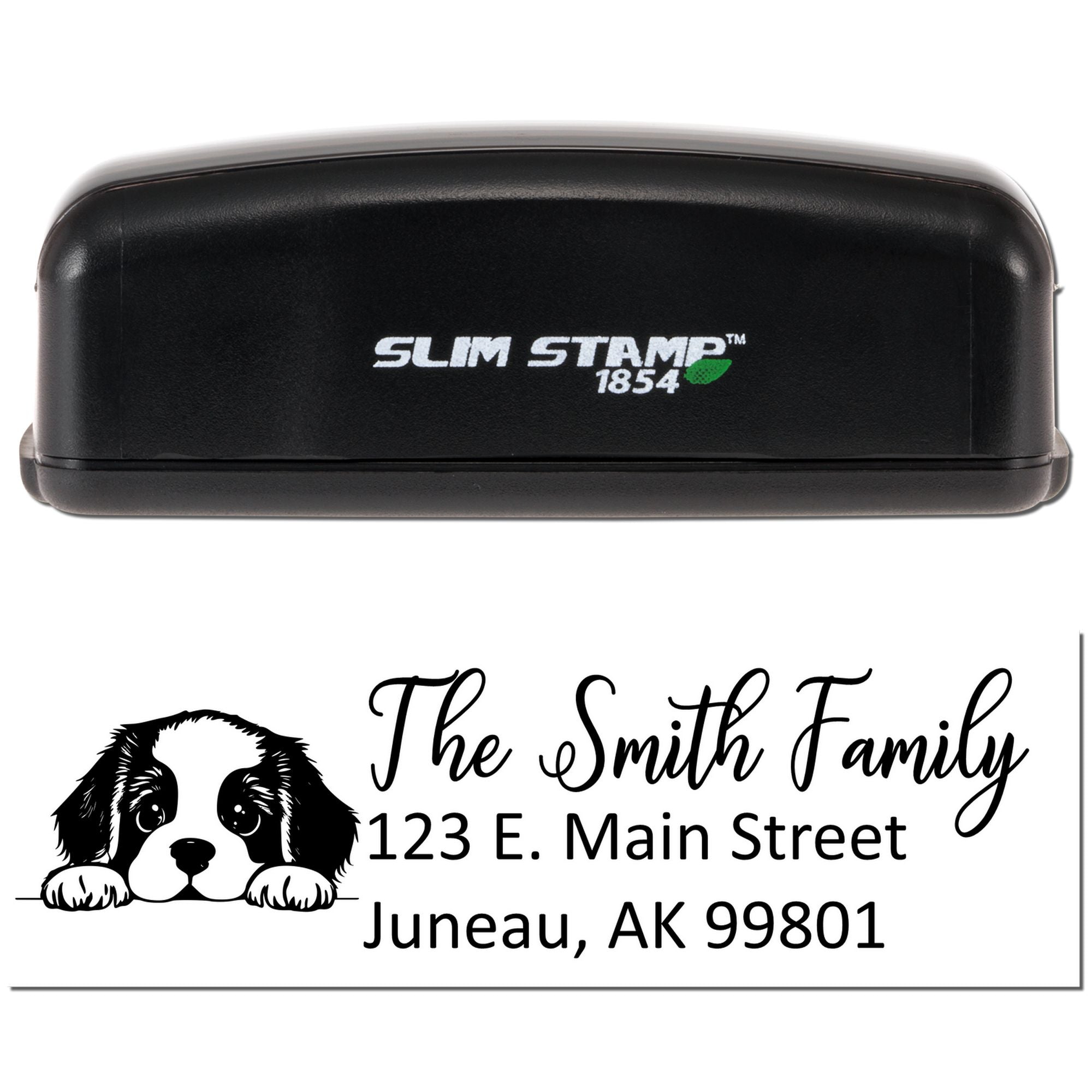 Custom Slim Stamp 1854 rubber stamp with dog graphic and Smith Family return address for personalized mailing.