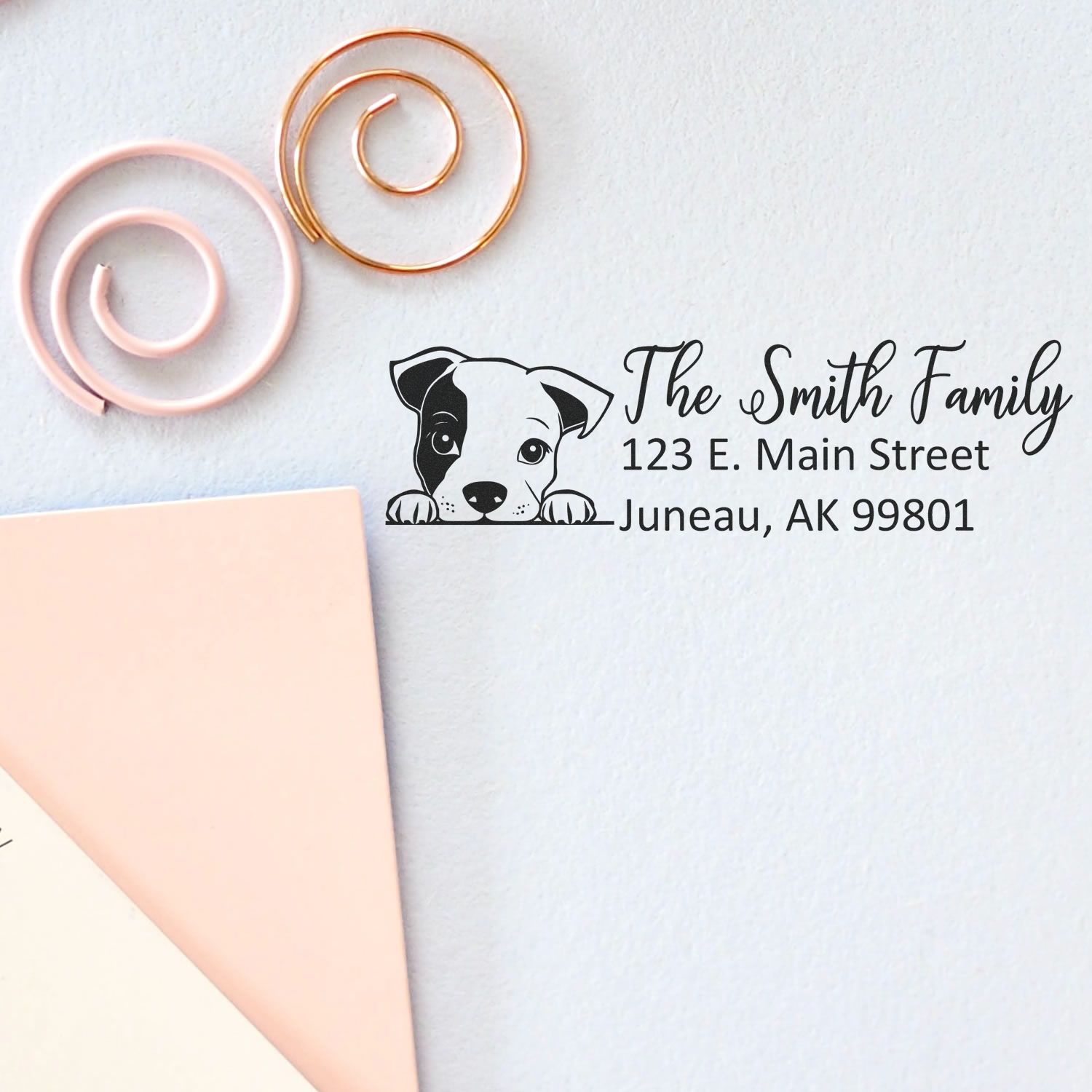Custom dog return address rubber stamp for family mail, featuring personalized name and address on stationery.
