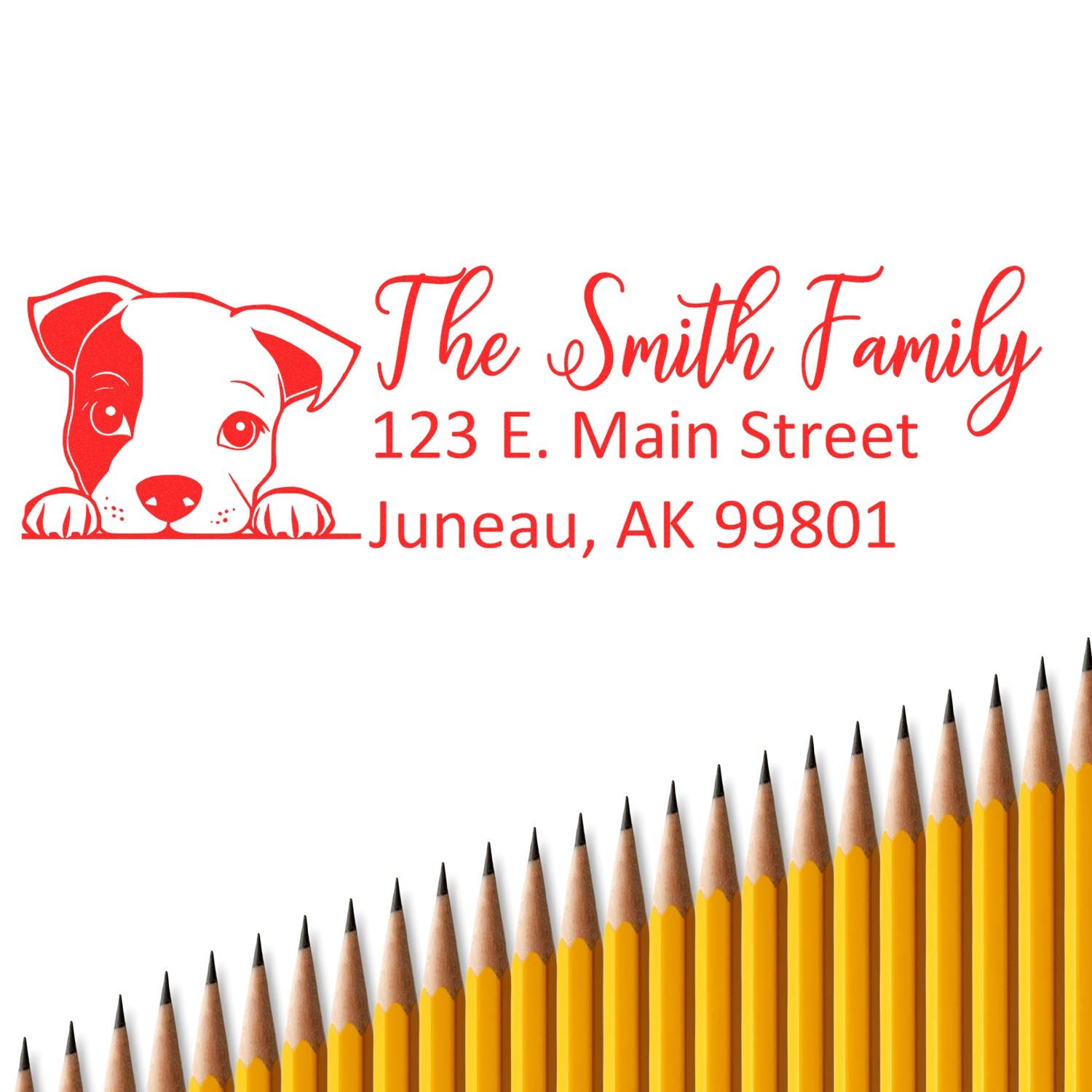 Custom dog return address rubber stamp for The Smith Family, 123 E. Main Street, Juneau, AK 99801