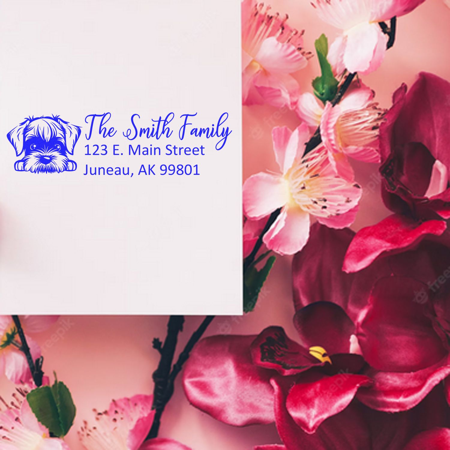 Custom personalized return address rubber stamp with dog logo, Smith family name, and Juneau, AK address.
