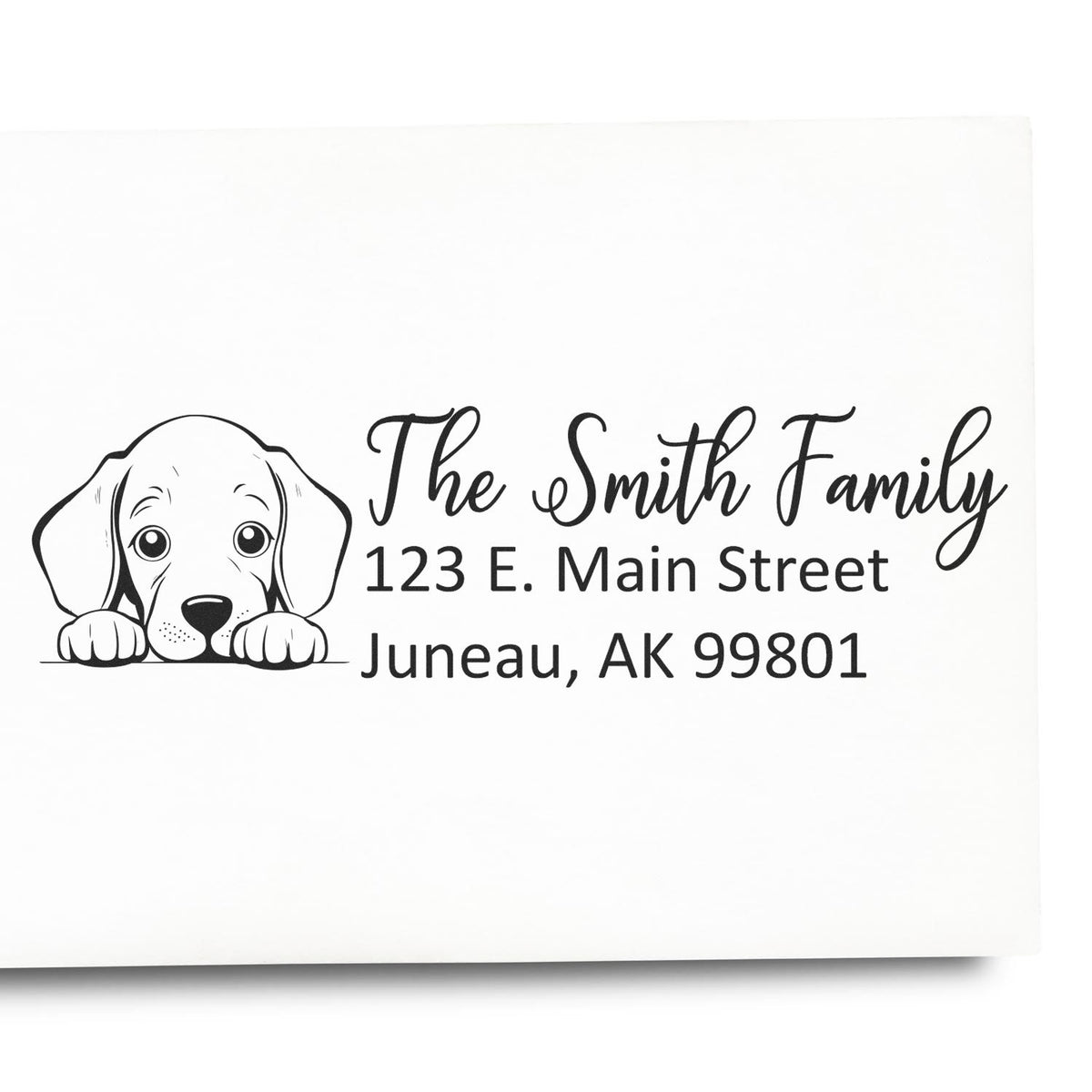 Custom dog return address rubber stamp for The Smith Family, 123 E. Main Street, Juneau, AK 99801.
