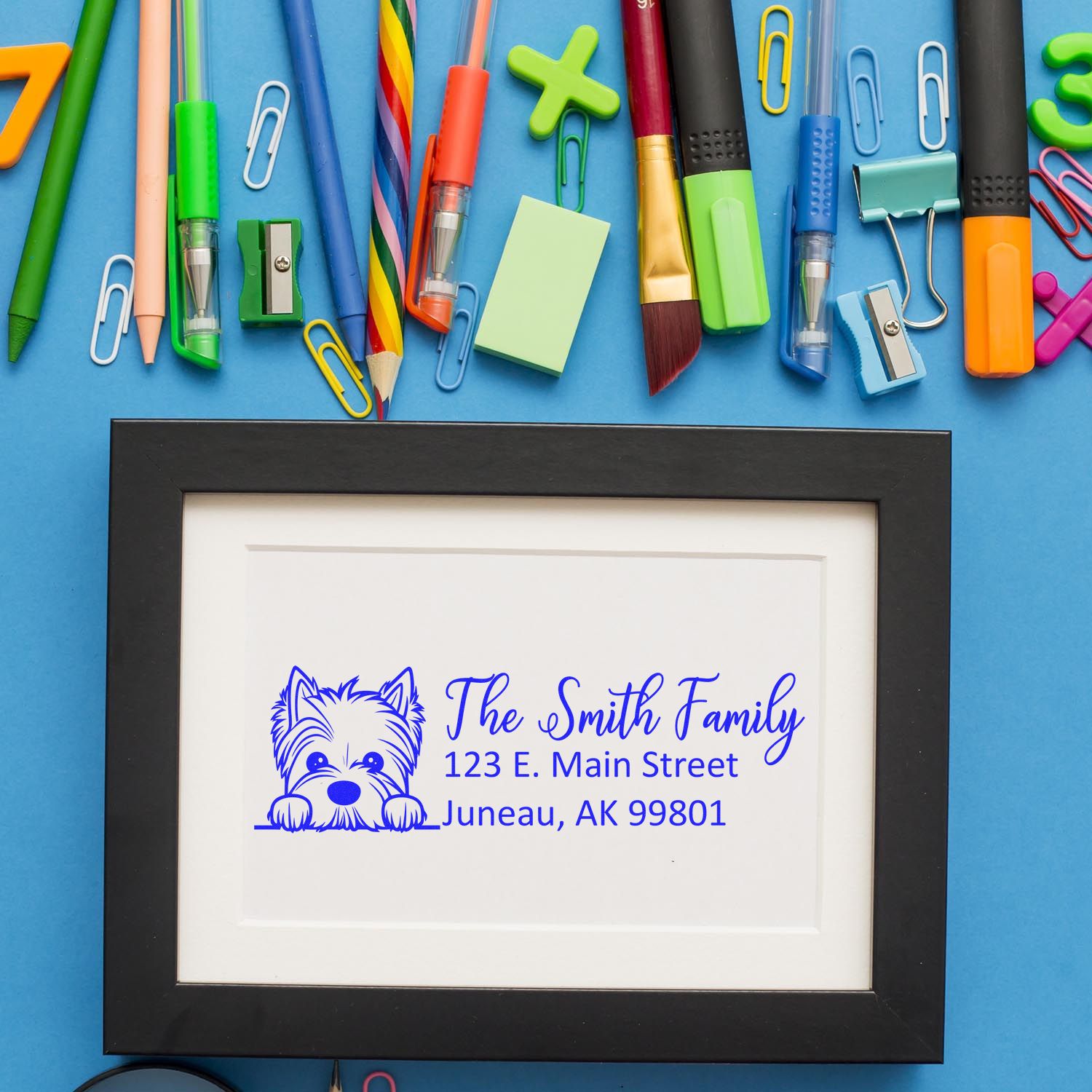 Custom return address rubber stamp with dog design for personalized Family stationery and mailings