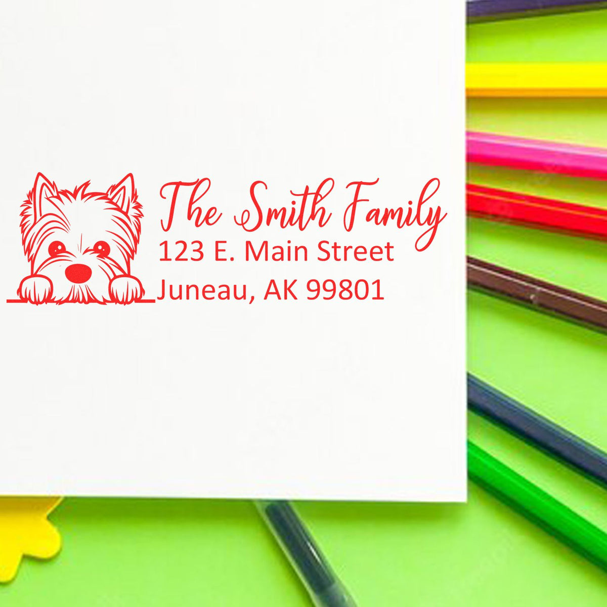 Custom dog return address rubber stamp for The Smith Family, featuring a dog portrait and Juneau, AK address.