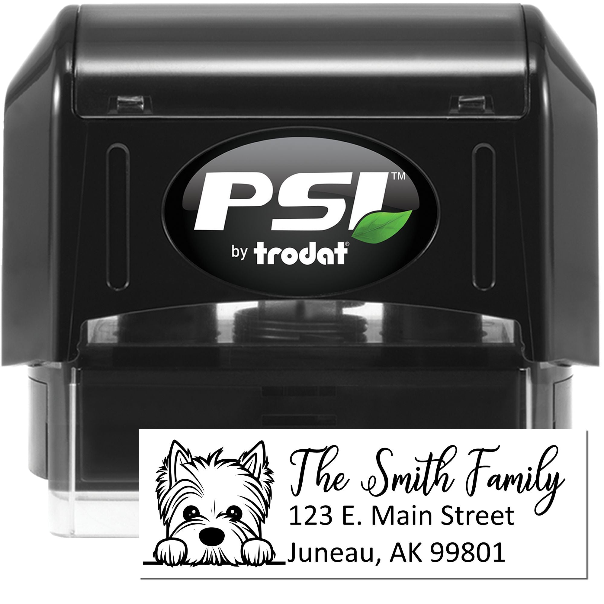Personalized self-inking address rubber stamp with dog design, The Smith Family, Juneau, AK, PSI by Trodat.