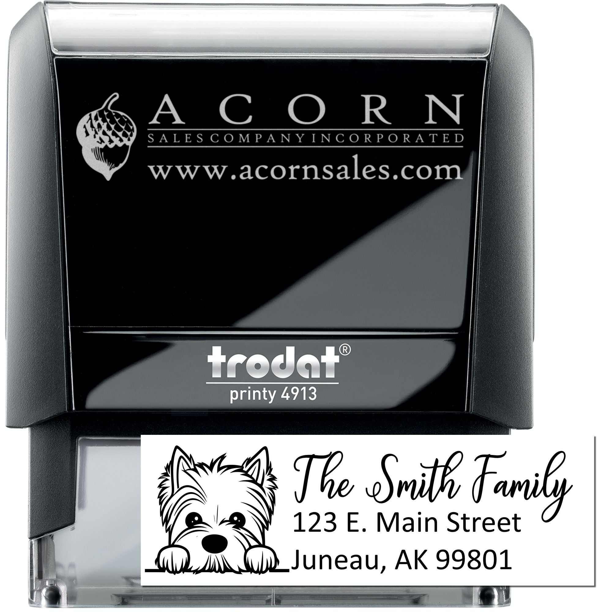 Custom self-inking rubber stamp with logo and return address, Trodat Printy 4913, for business branding and mailing.