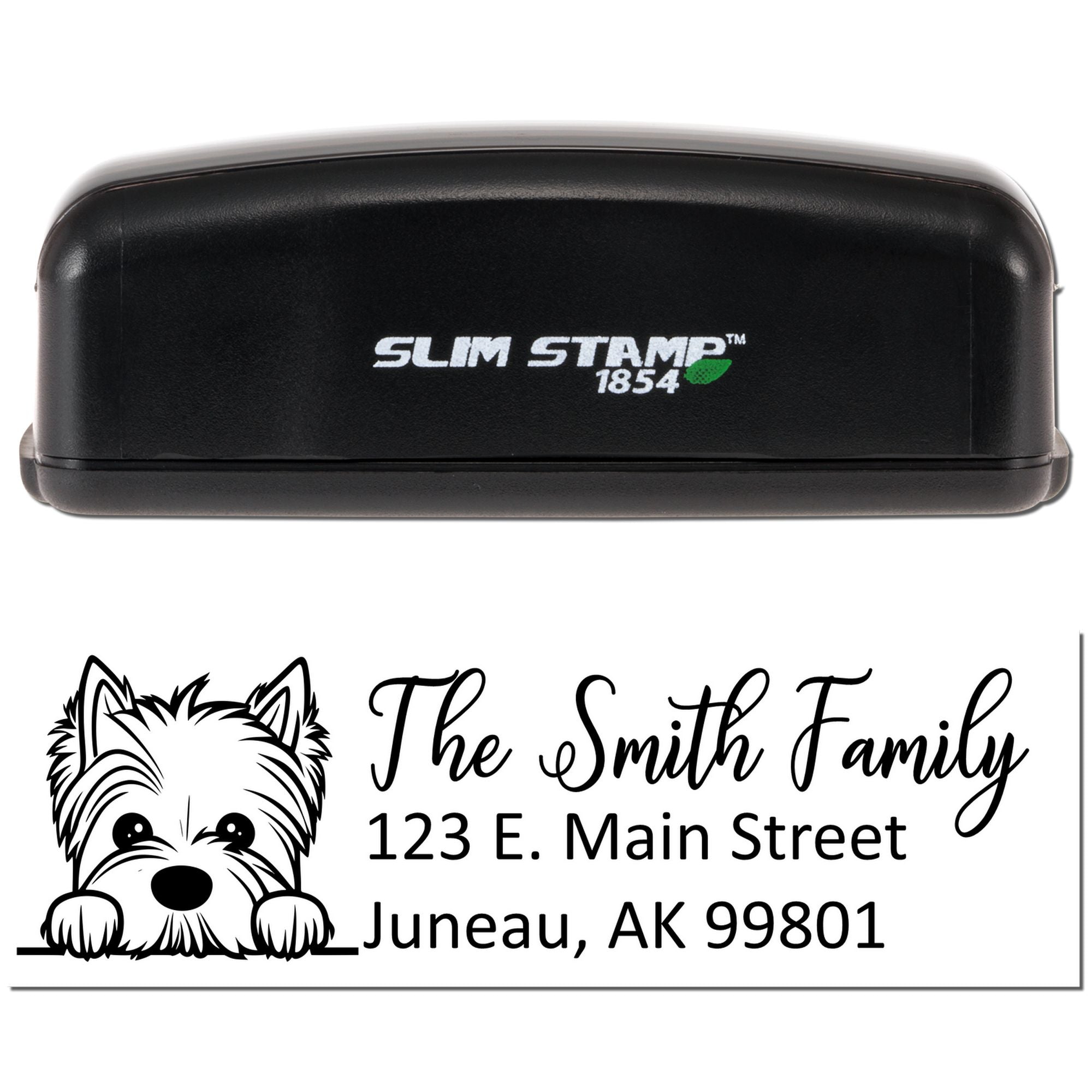 Slim Stamp 1854 self-inking rubber address stamp with dog design and The Smith Family, Juneau, AK 99801