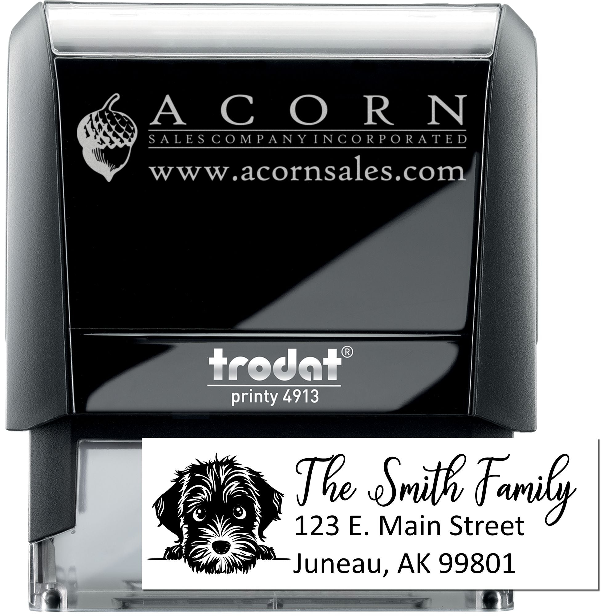 Personalized self-inking rubber stamp with custom logo and address imprint, featuring Trodat Printy 4913.