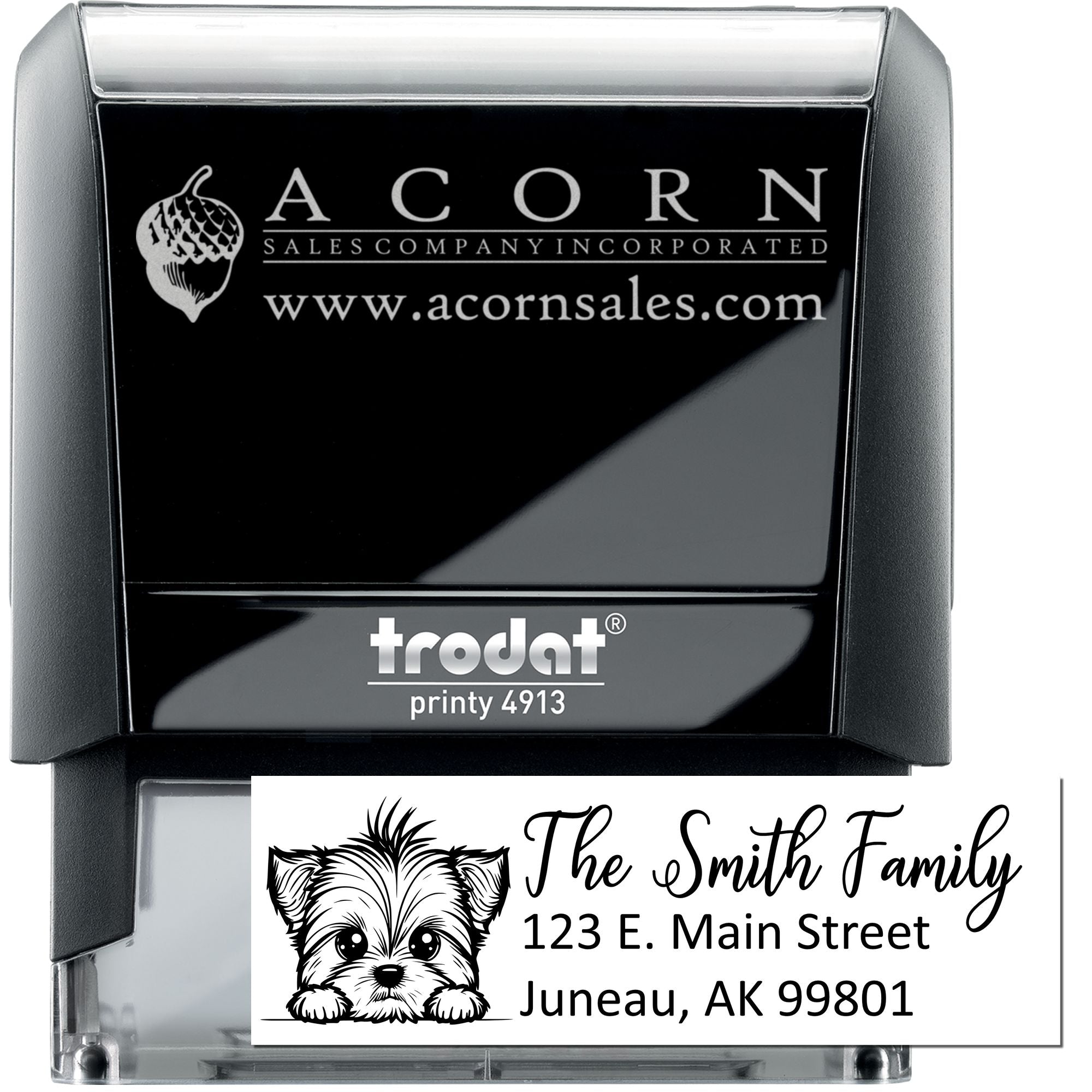 Custom self-inking rubber stamp for business logos and return addresses, with Trodat Printy 4913 sample imprint.