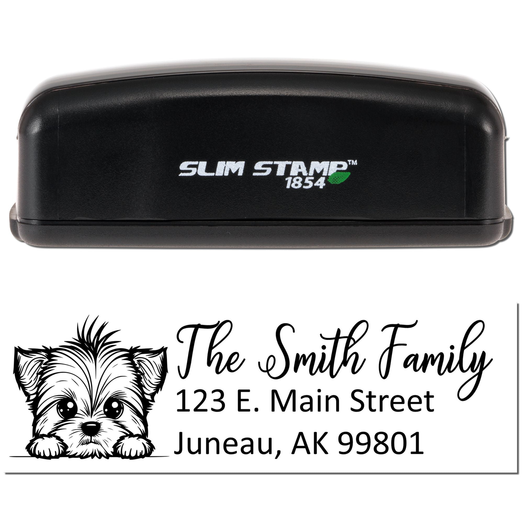 Custom Slim Stamp 1854 return address rubber stamp with dog illustration for The Smith Family, Juneau, AK.