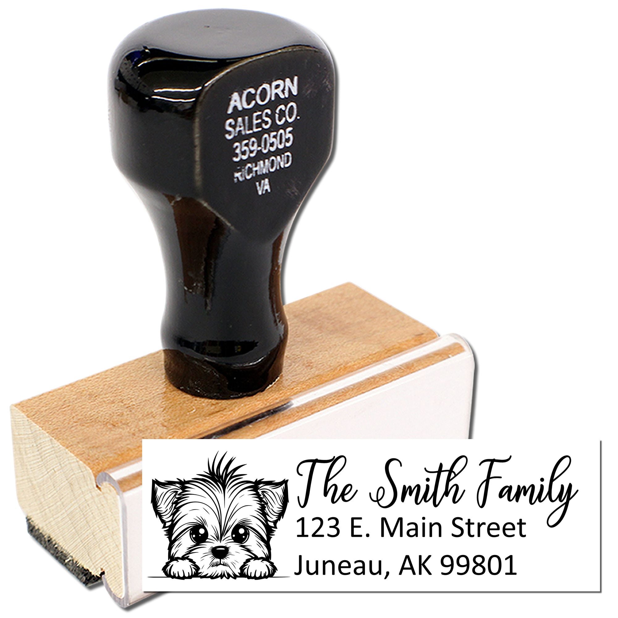 Custom rubber address stamp with puppy design and personalized family return address for mailing