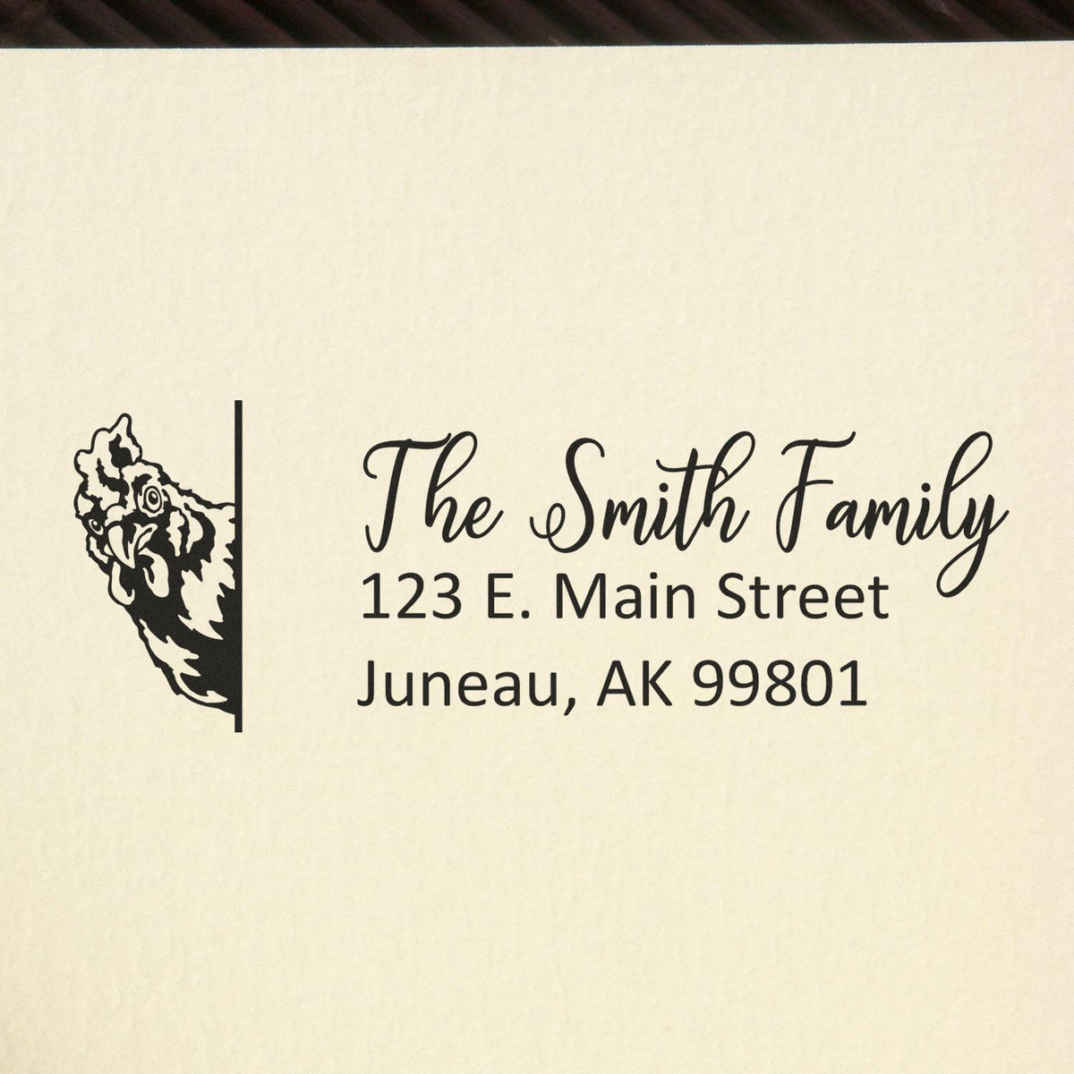 Personalized return address rubber stamp with chicken illustration, The Smith Family, 123 E. Main Street, Juneau, AK 99801