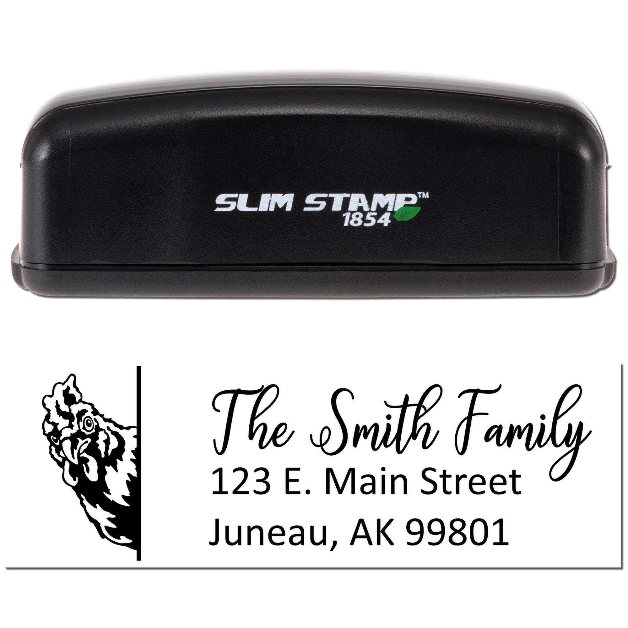Slim Stamp 1854 custom rubber address stamp with wolf design, showing The Smith Family name and Juneau, AK address.