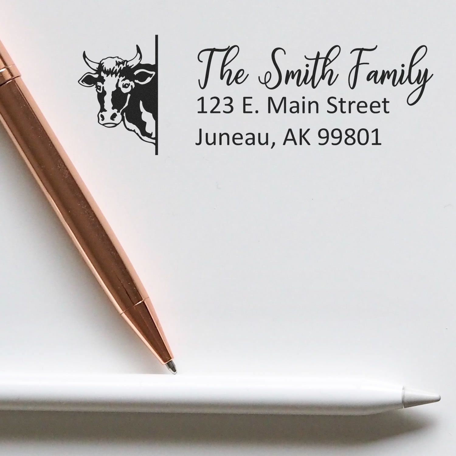 Custom return address rubber stamp with cow design, personalized The Smith Family address stamp for mailing and stationery.