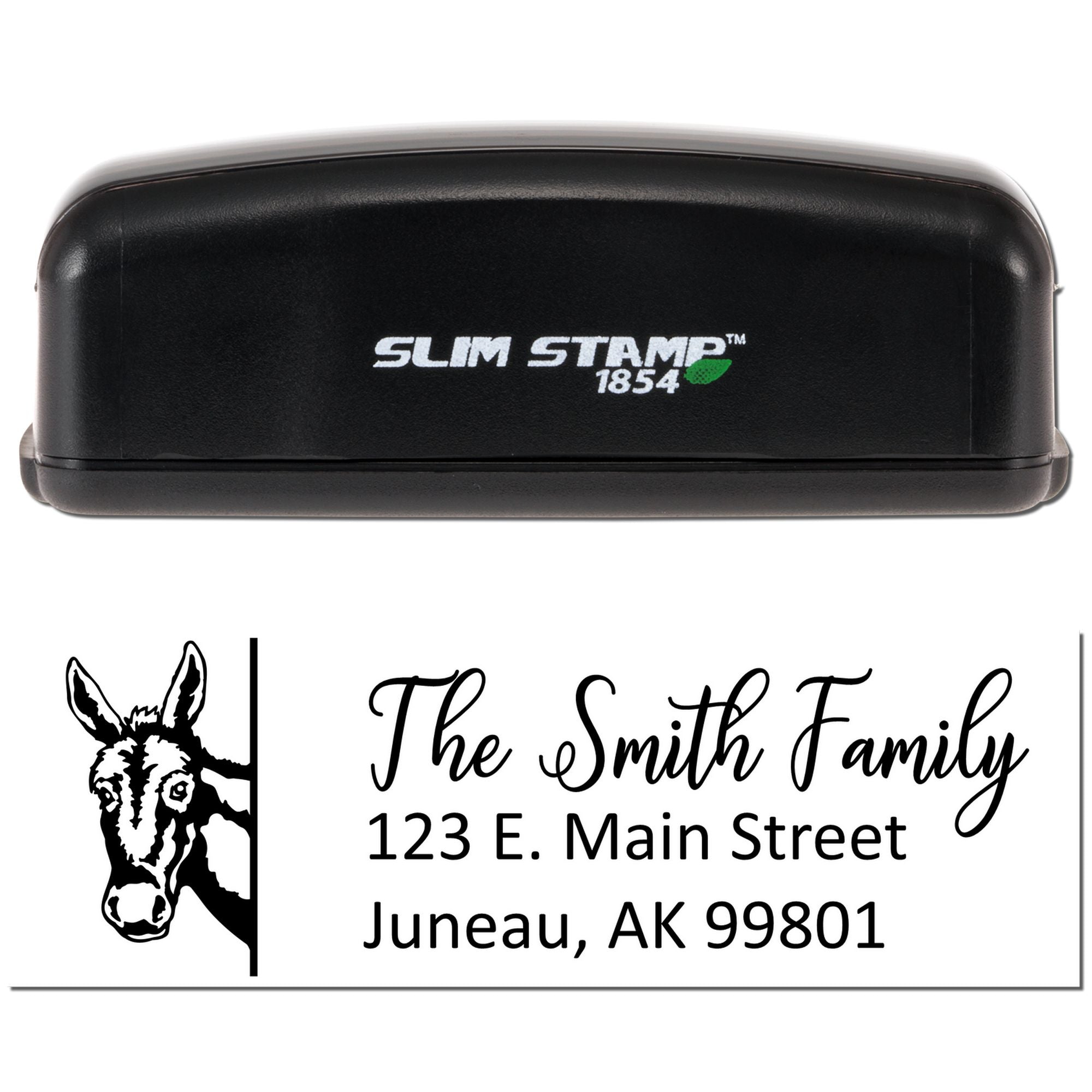 Custom self-inking rubber stamp with goat logo and family address for personalized mailing, branding, and return addresses.