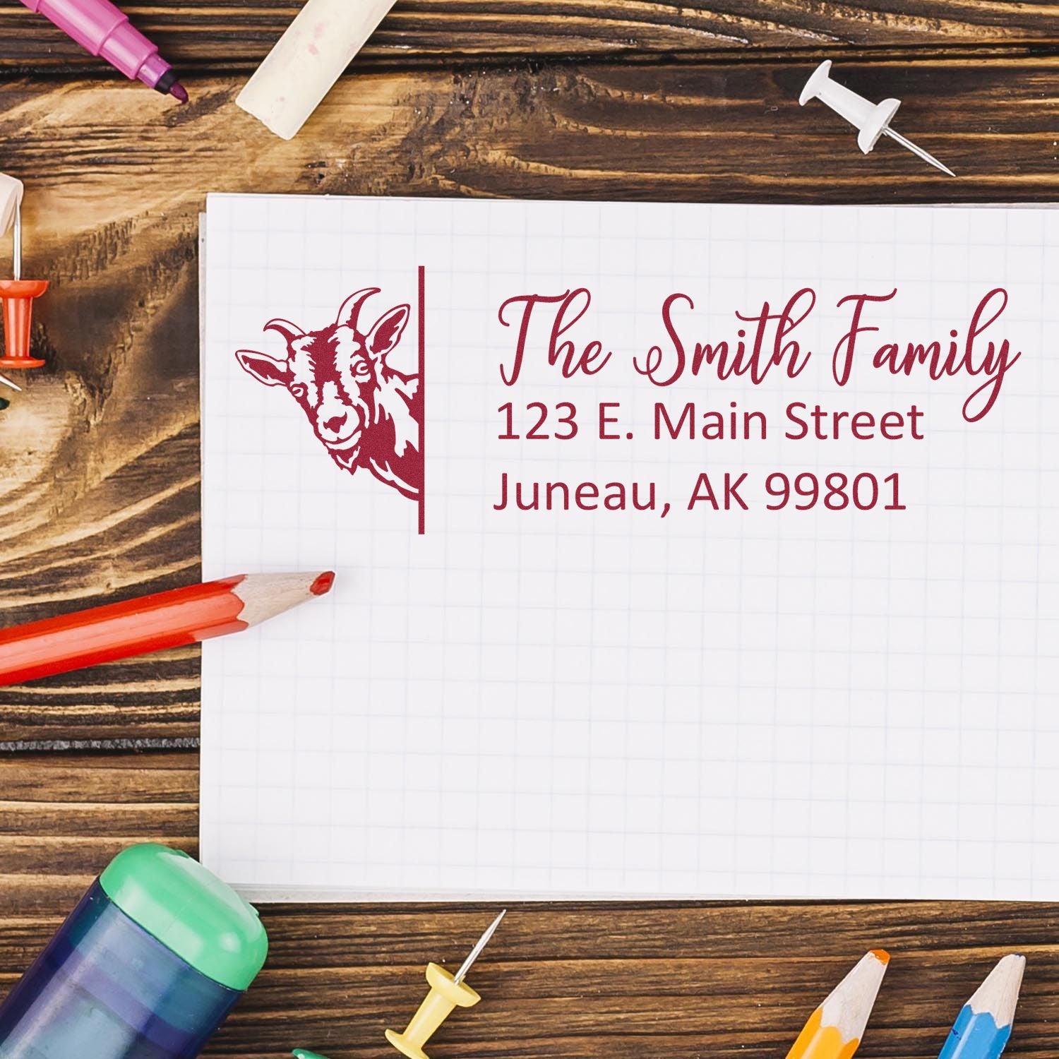 Custom address rubber stamp with goat icon and Smith family return address for personalized mail, cards, and packaging.