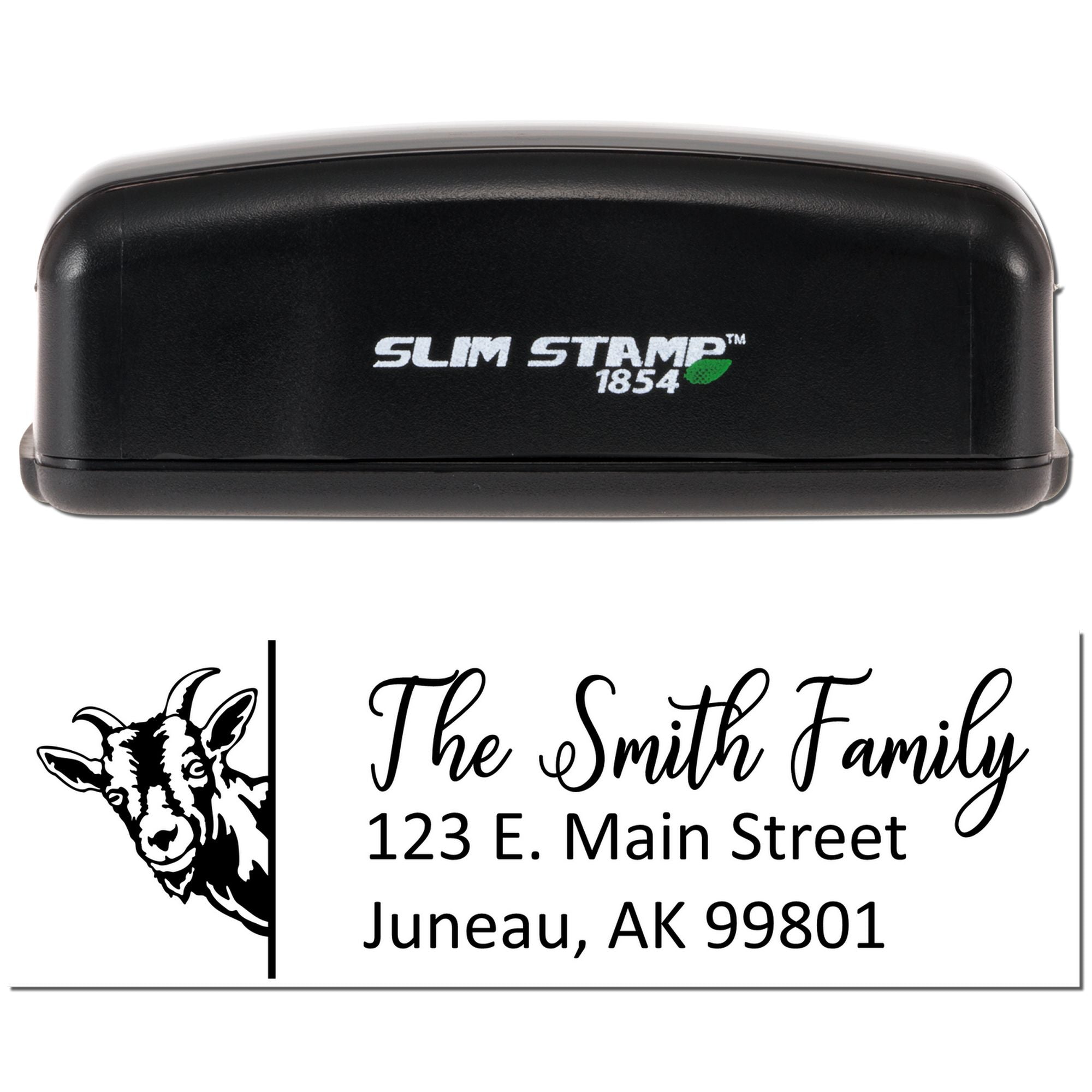 Custom self-inking rubber address stamp with goat logo for The Smith Family return address.