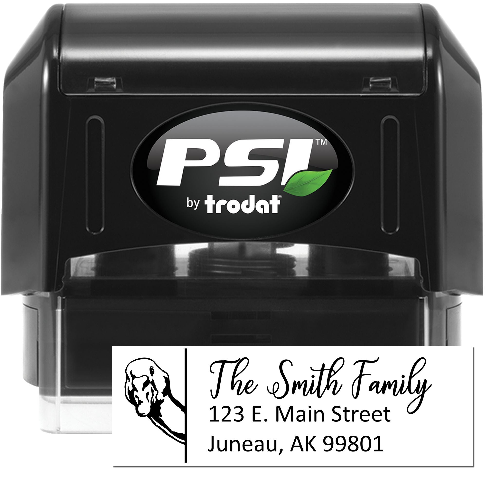 PSI by Trodat self-inking custom address rubber stamp with The Smith Family dog logo and Juneau, AK return address.