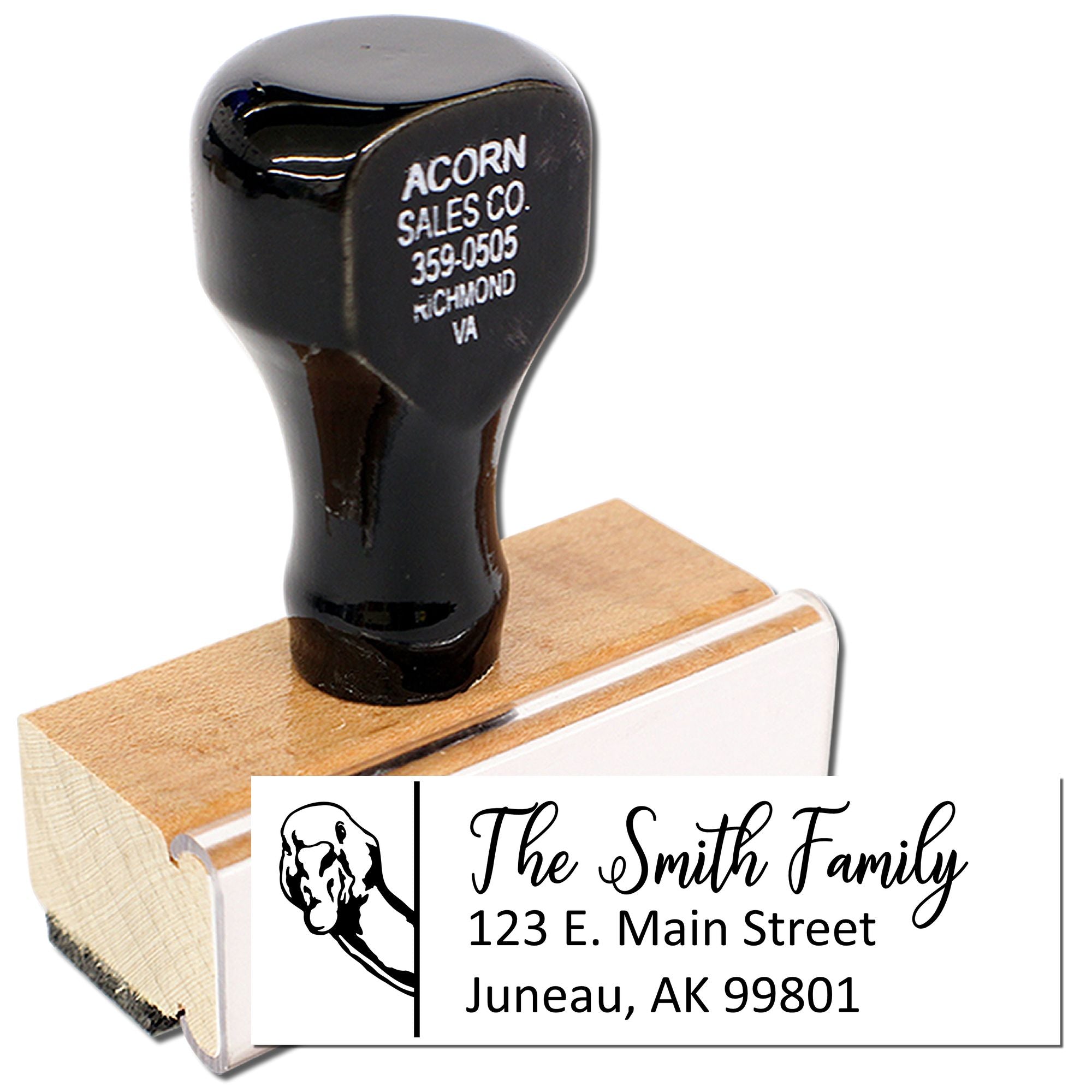 Custom return address rubber stamp with dog silhouette, The Smith Family, and Juneau, AK 99801.
