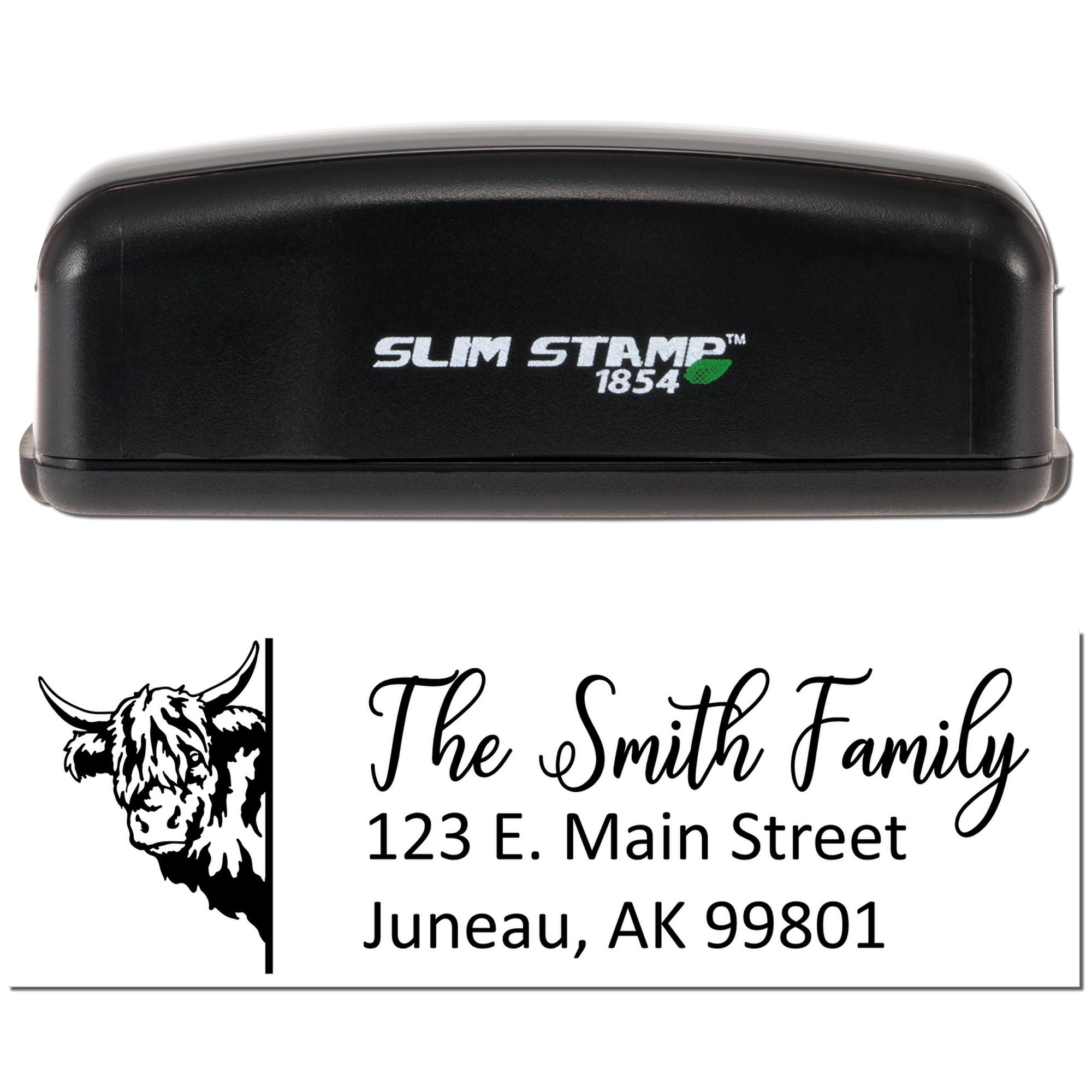 Slim Stamp 1854 custom return address rubber stamp with cow graphic, family name, and personalized mailing address.
