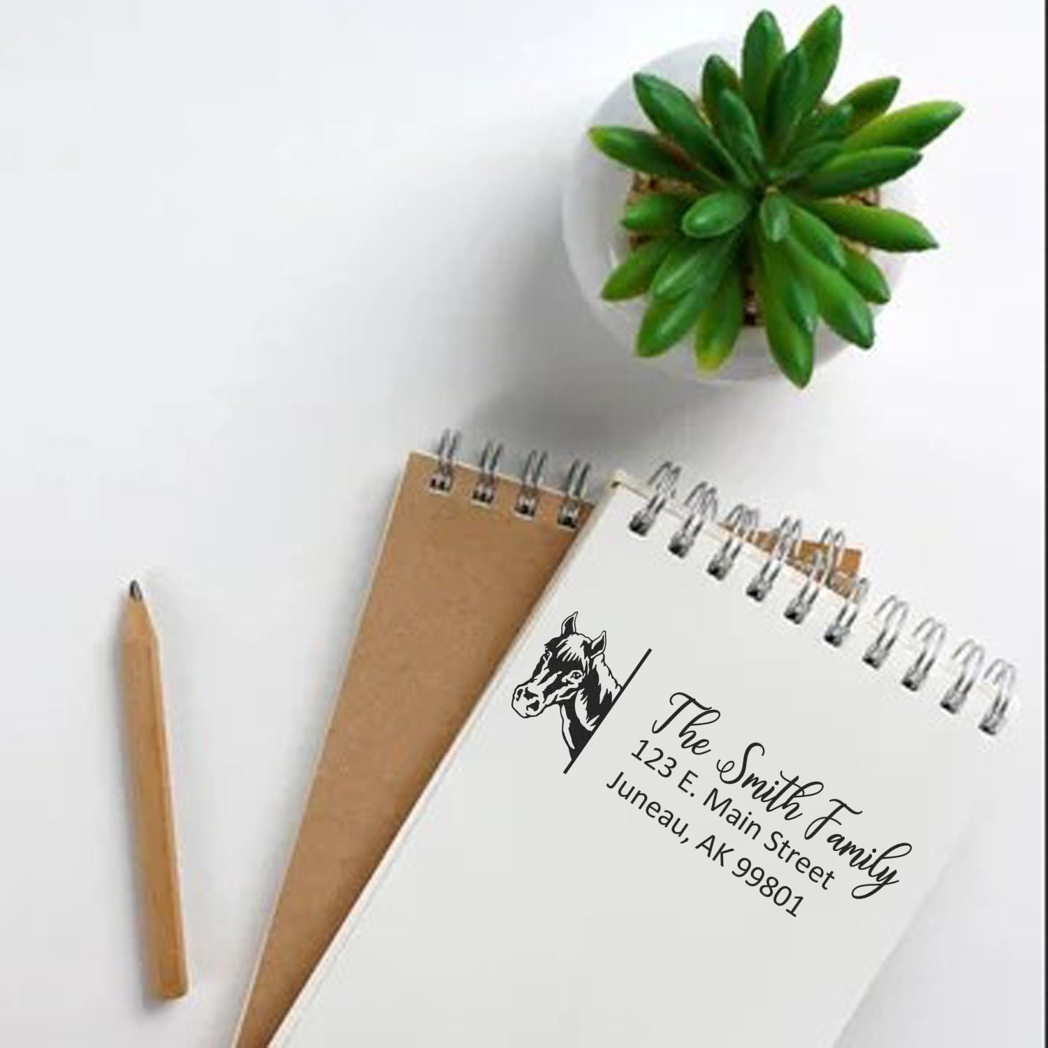 Custom return address rubber stamp with horse logo for The Smith Family stationery, envelopes, and personalized mailing.