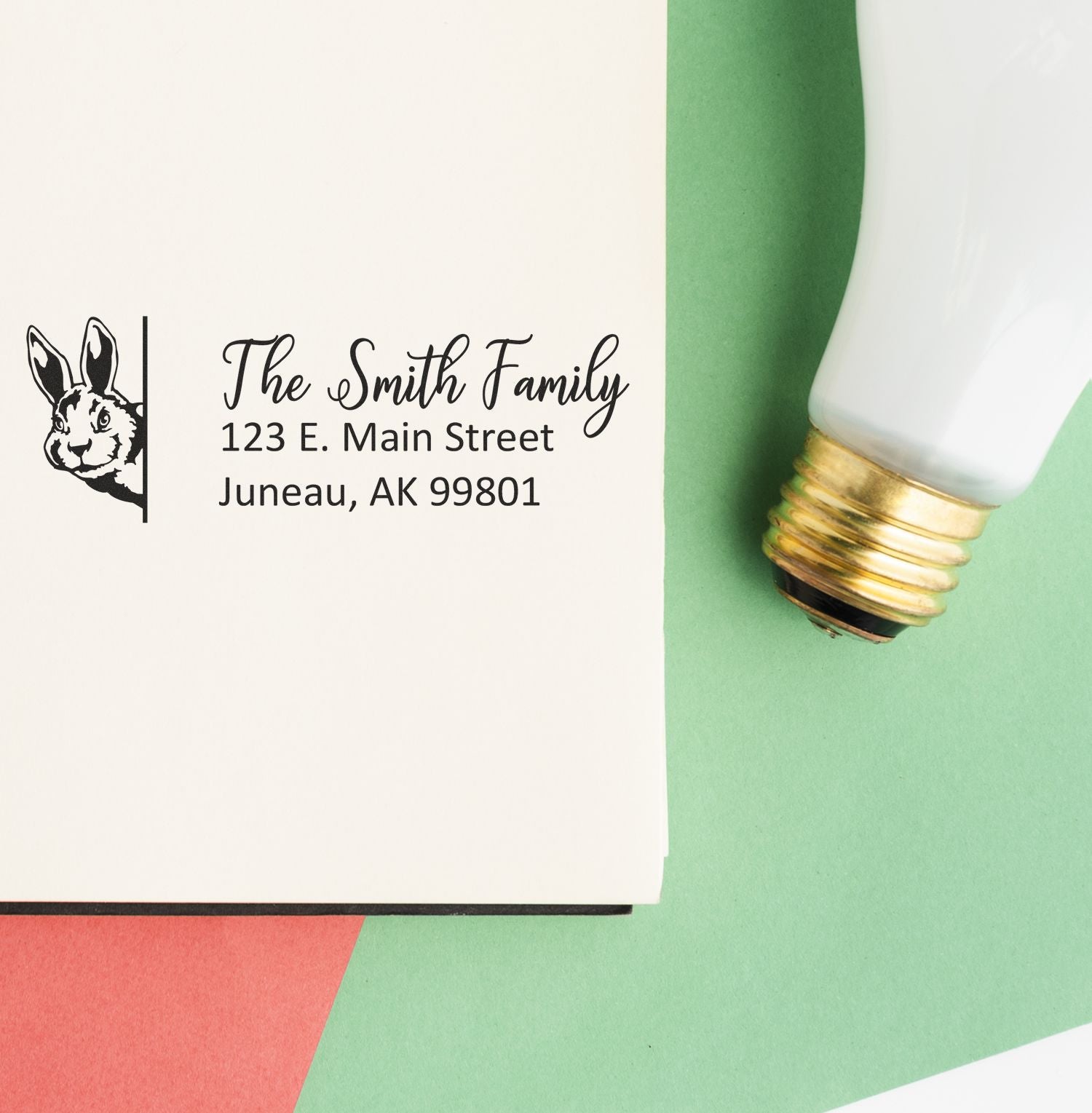 Personalized rabbit return address rubber stamp with The Smith Family name and Juneau, AK mailing address.
